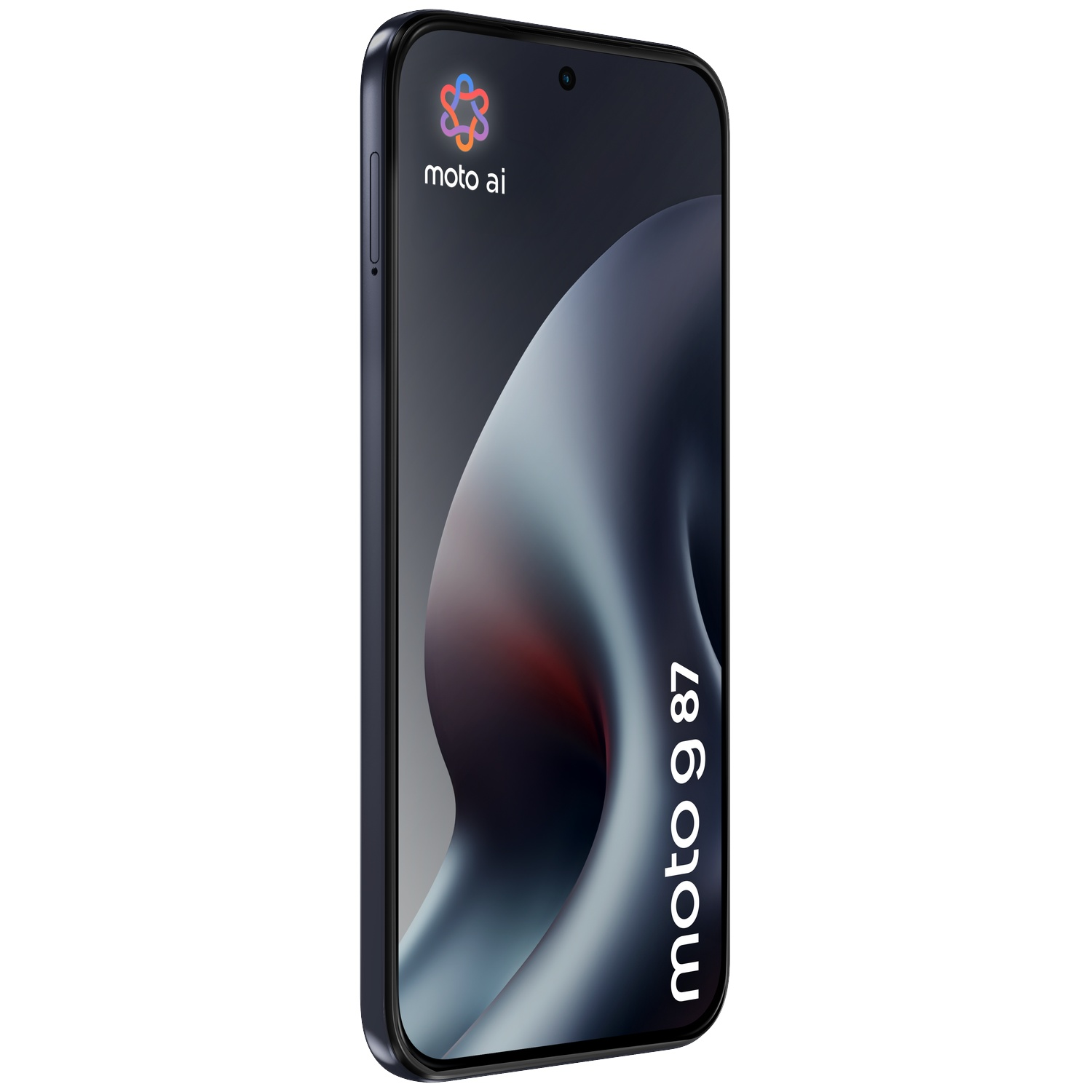 A black smartphone displaying a dark curved graphic, the moto ai logo, and the text moto g 87.