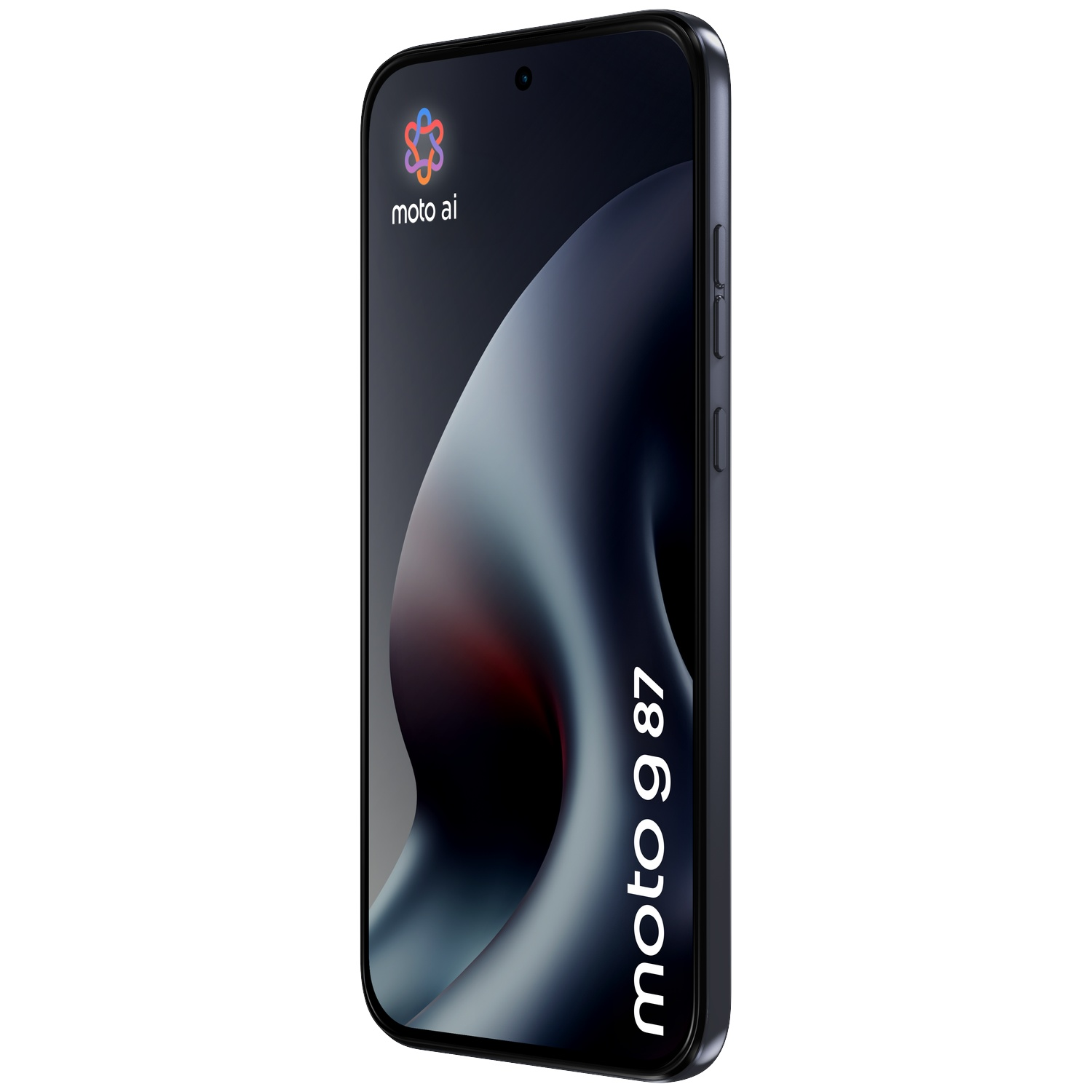 A dark Moto g 87 smartphone displays the moto ai logo and an abstract graphic on its screen.