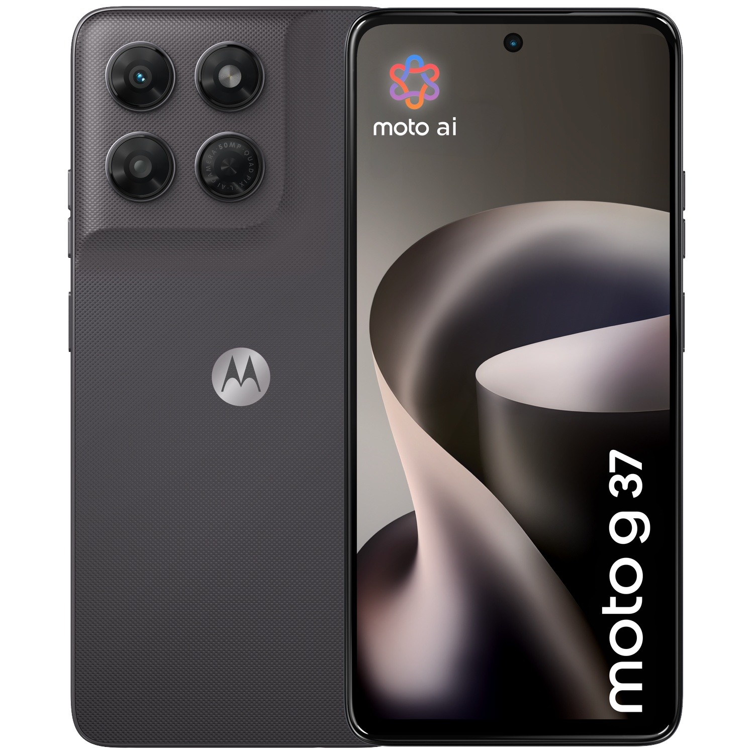 Front and back view of a black Motorola moto g 37 smartphone featuring a quad camera.