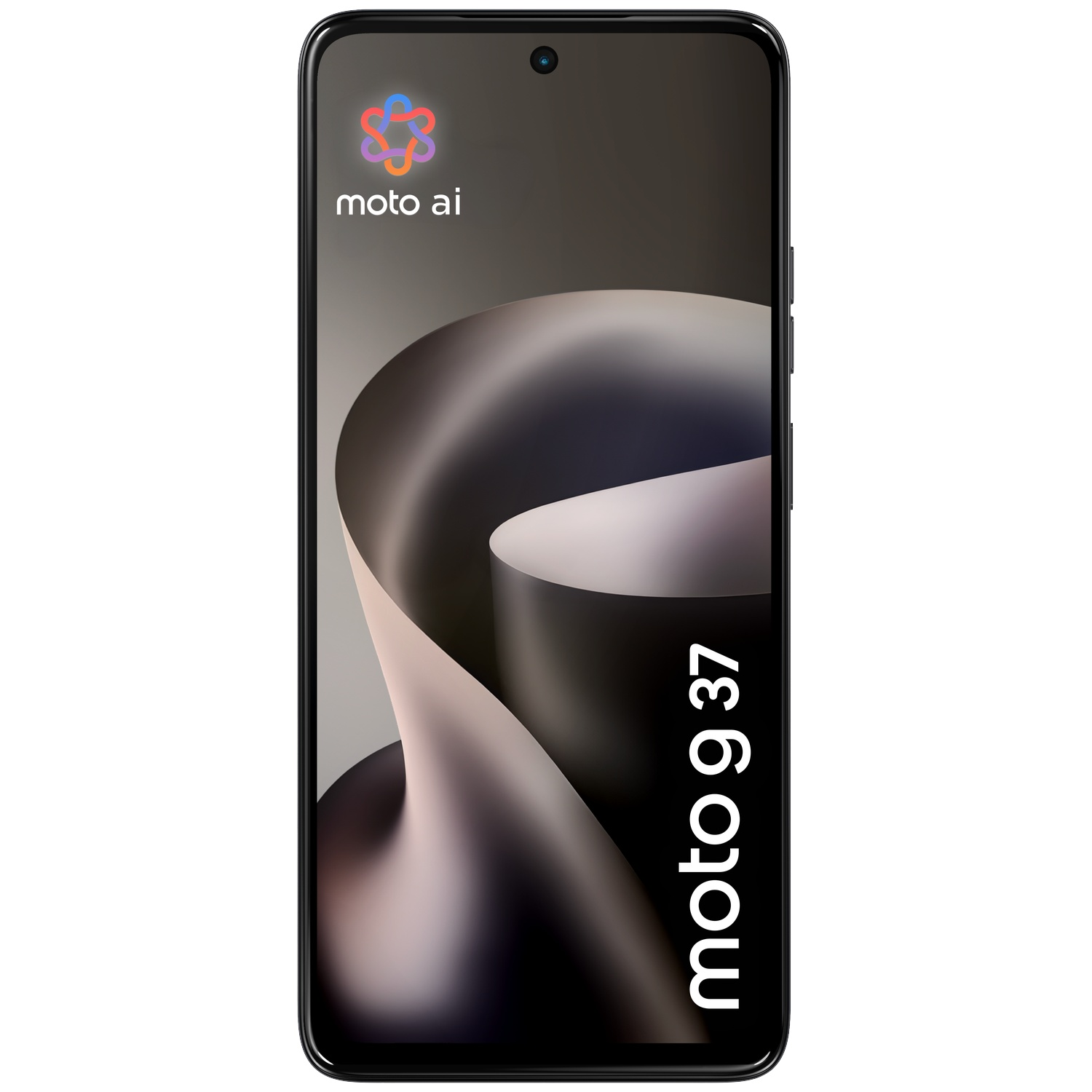 A Moto 9 37 smartphone displaying an abstract background and the moto ai logo on screen.