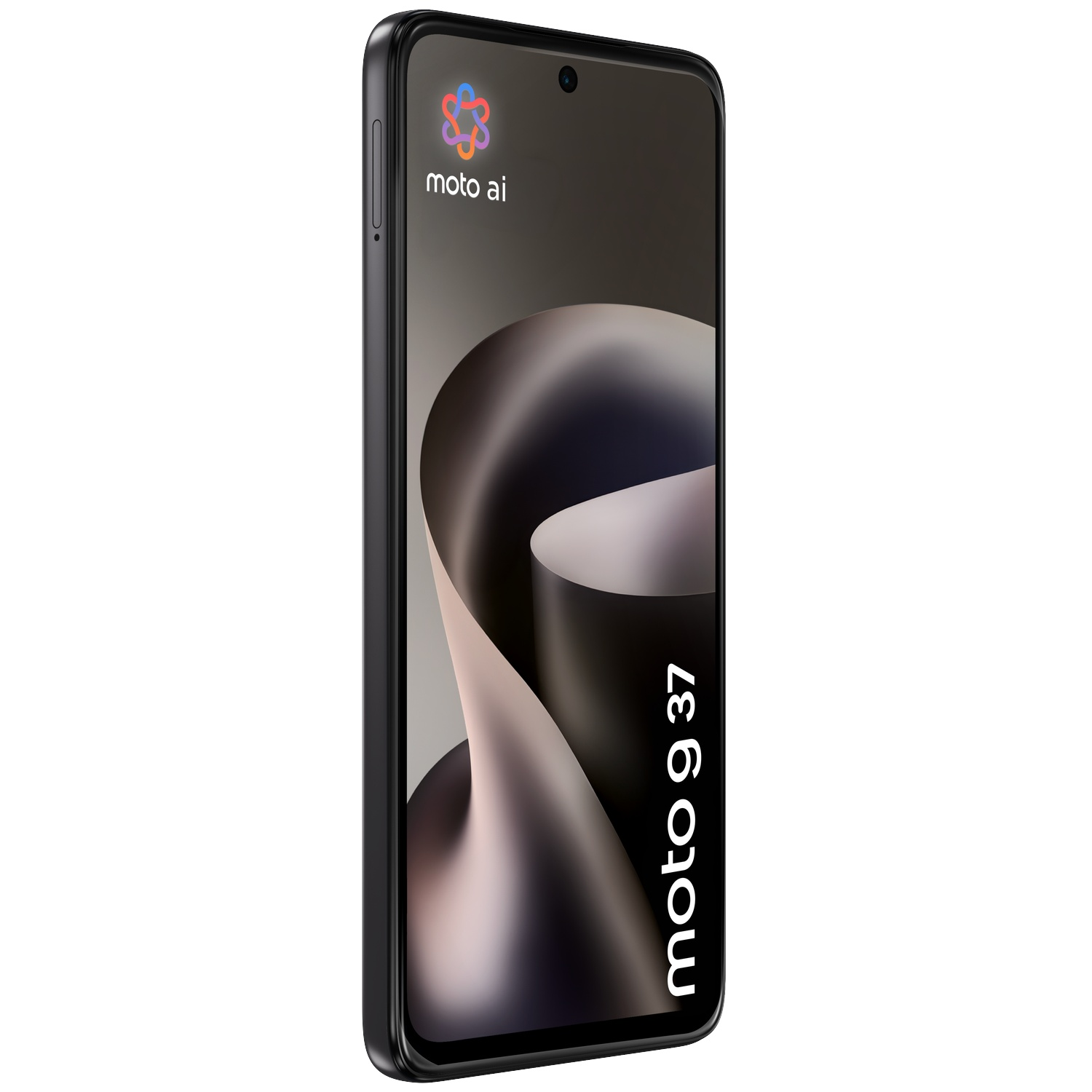 Black Moto g37 smartphone with a curved, abstract wallpaper displayed on the screen.