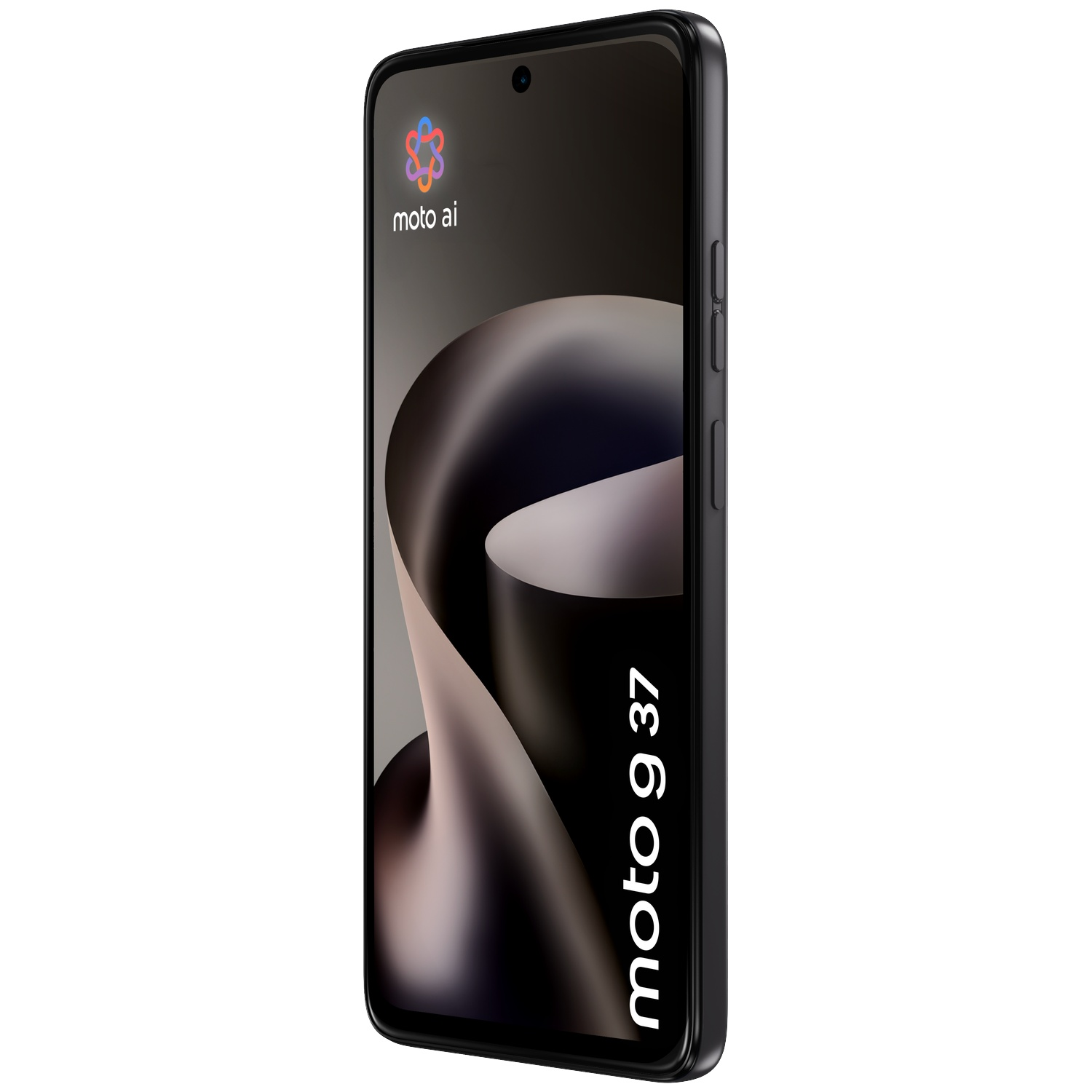 Black Moto G37 smartphone with curved abstract background and moto ai logo.