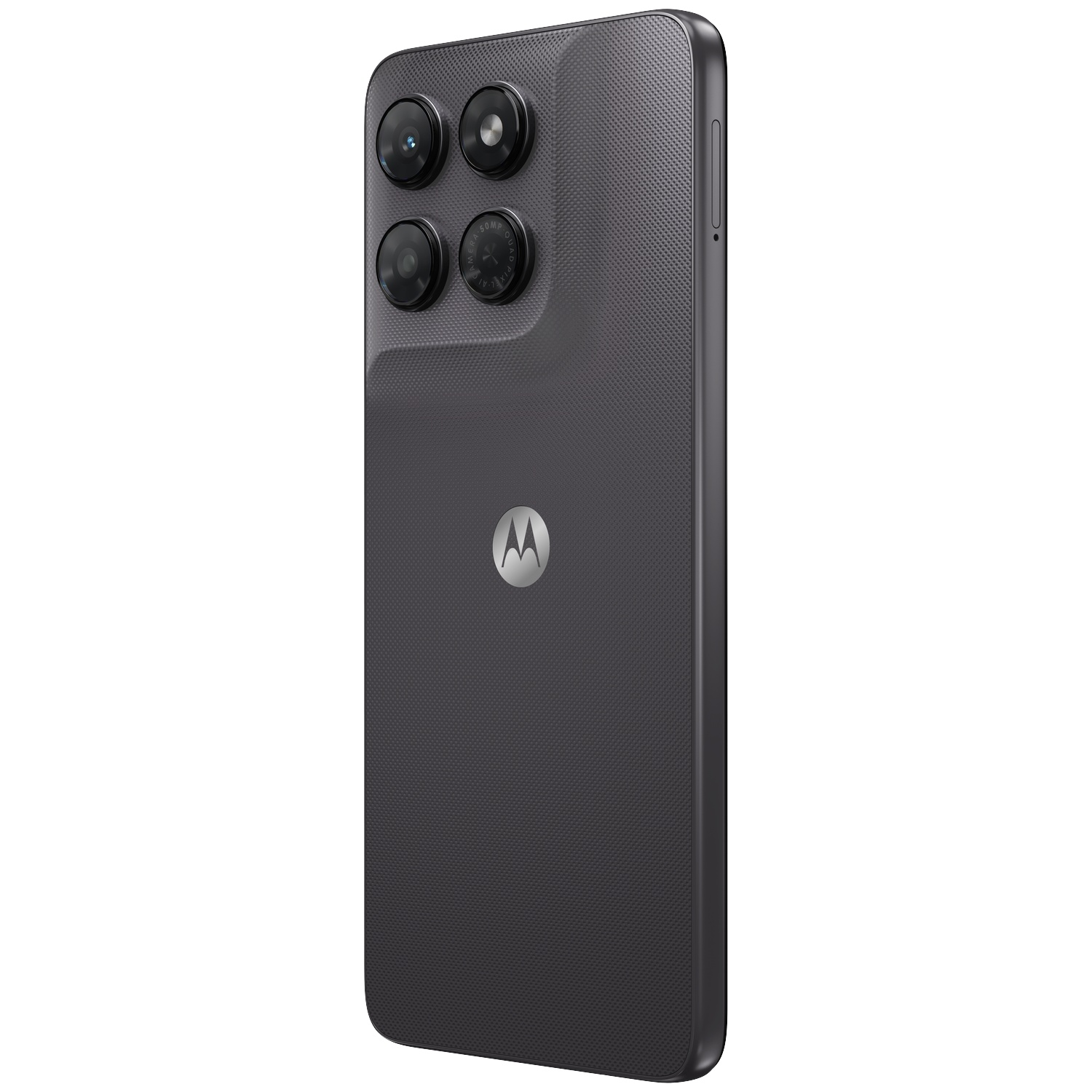 Rear view of a dark grey Motorola smartphone, showcasing a textured back panel and a square camera module with four lenses.