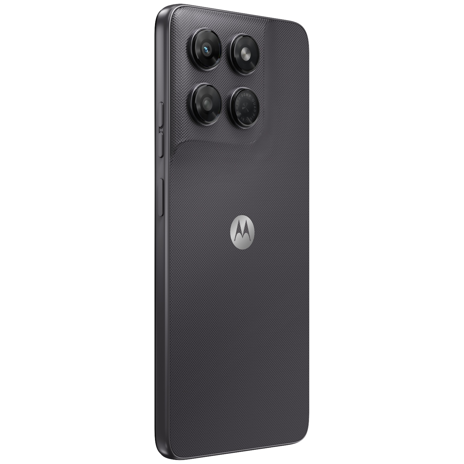 Back of a gray Motorola smartphone featuring a textured finish, quad camera array, and silver logo.