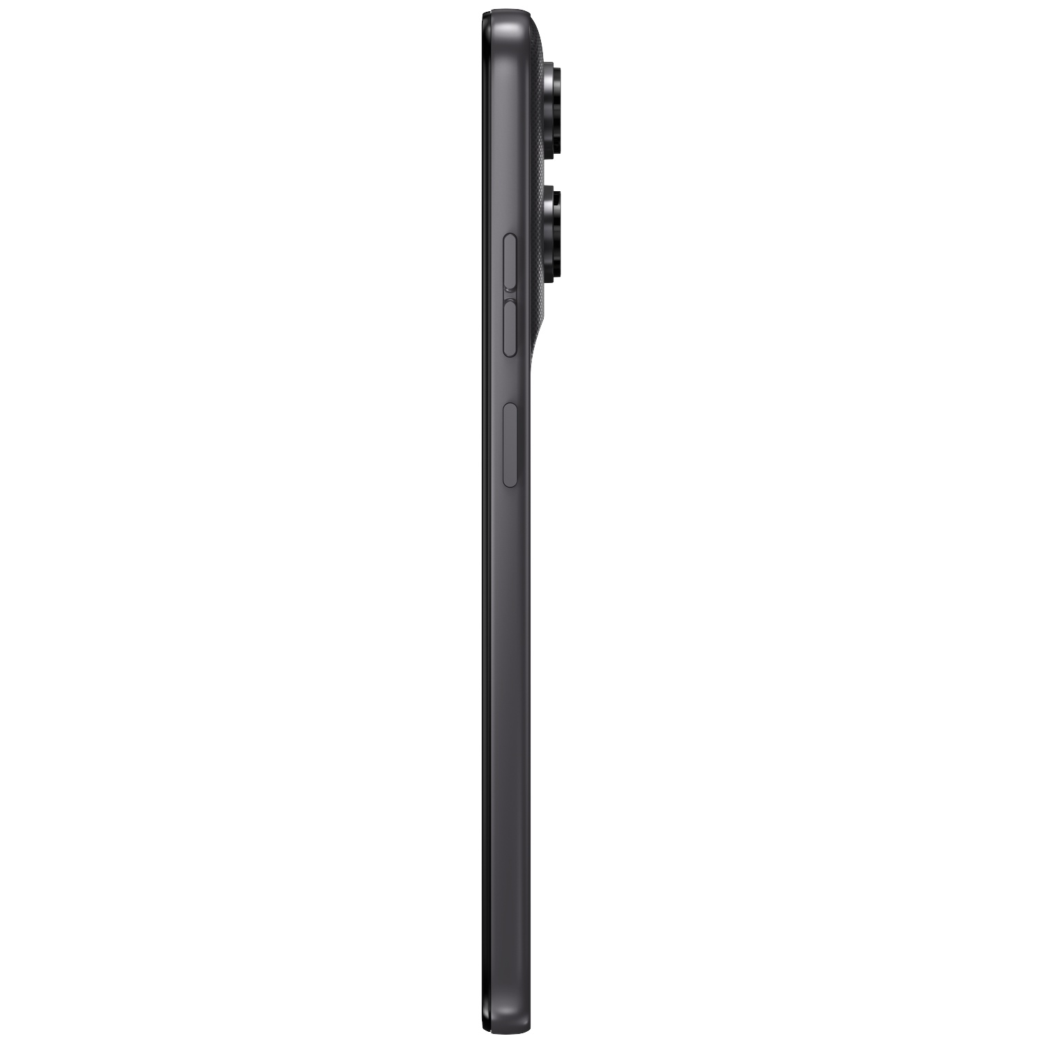 Side profile view of a dark smartphone, showing dual cameras and side buttons.