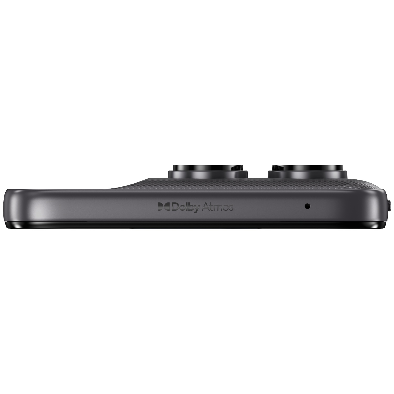 Side view of a dark grey smartphone, highlighting the Dolby Atmos logo and camera bump.