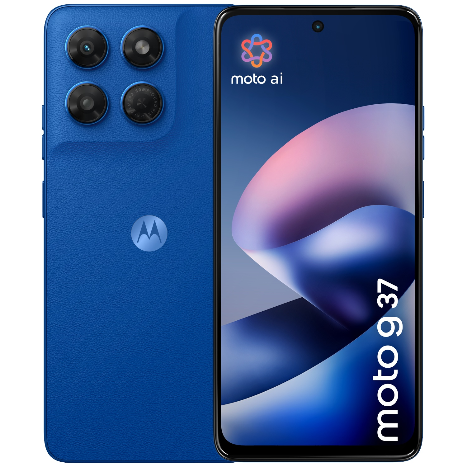 Blue front and back of the Motorola G37 smartphone with four cameras and moto g 37 text on display.