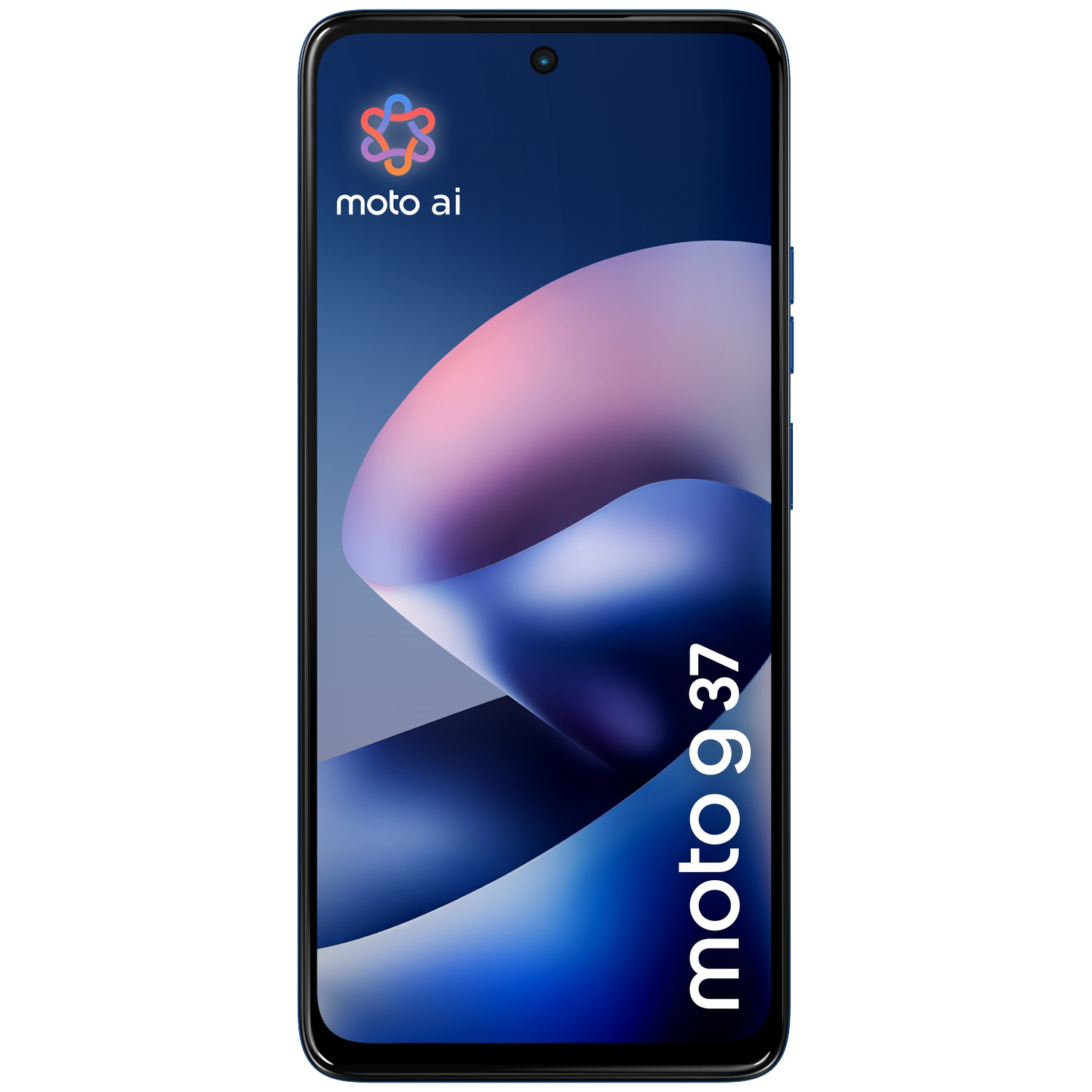 Front view of the Moto g37 smartphone displaying a curved blue and pink background.