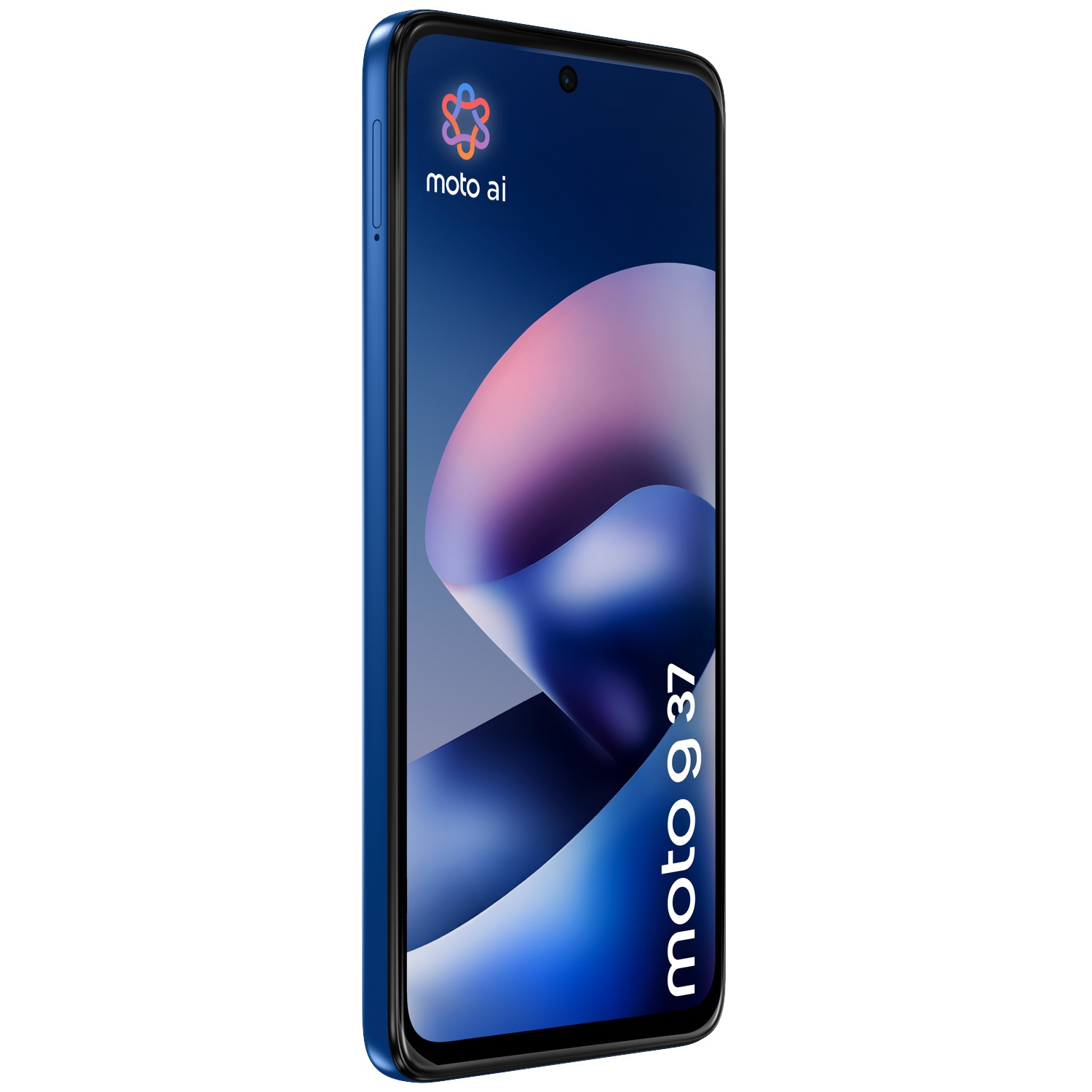A blue Motorola Moto G37 smartphone displaying an abstract wallpaper and the moto ai logo.