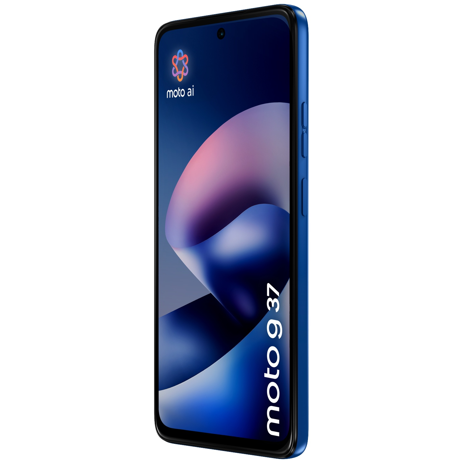 A blue Motorola Moto G37 smartphone viewed from the front left with moto g37 and moto ai text on screen.