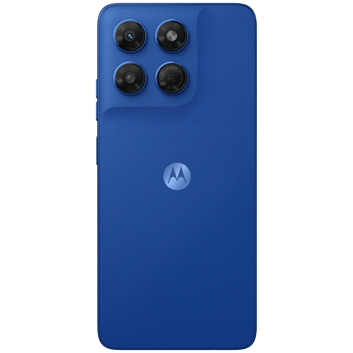 Back of a blue smartphone with a textured leather finish, quad-camera module in top left, and Motorola logo.