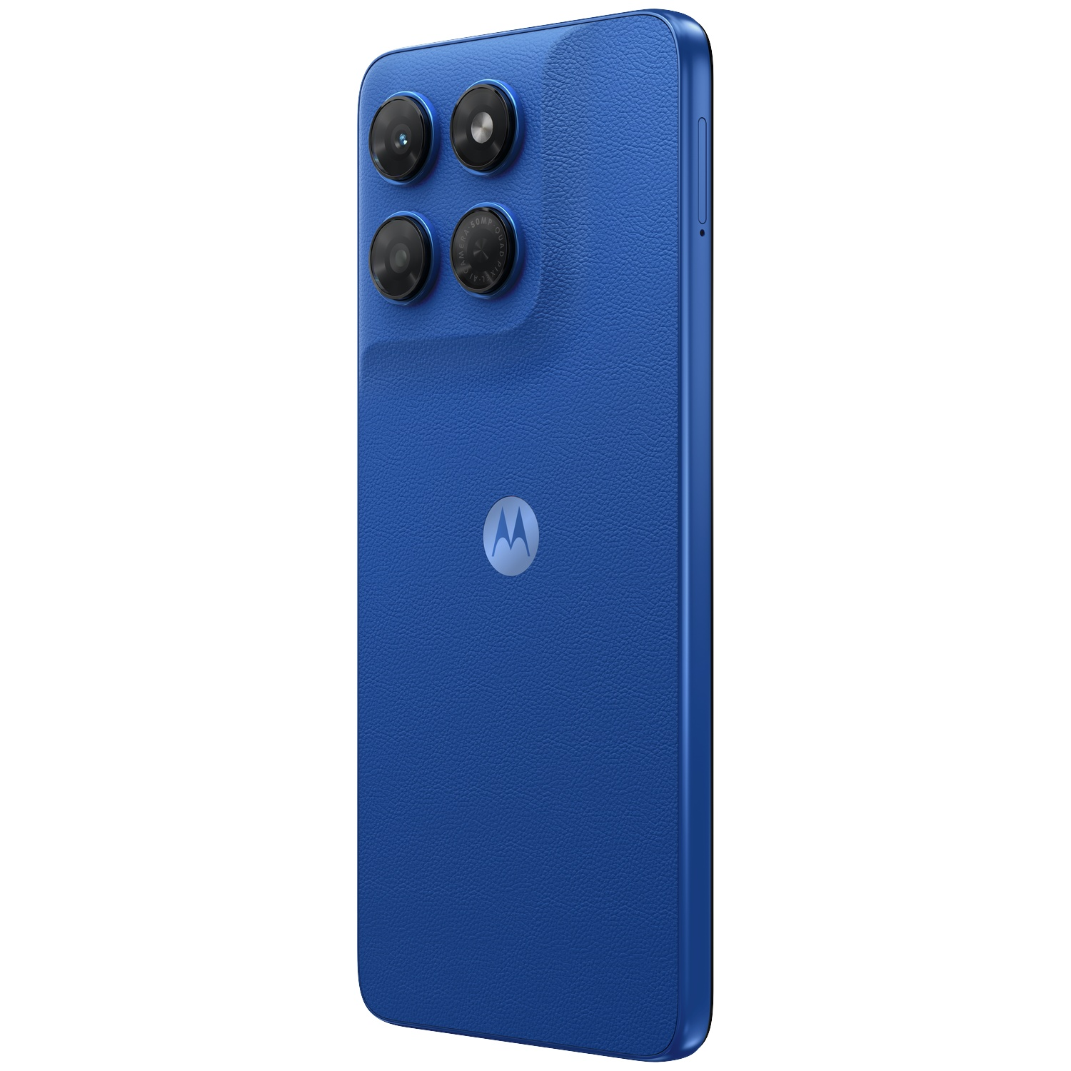 Blue Motorola smartphone back featuring four camera lenses and a silver logo in the center.