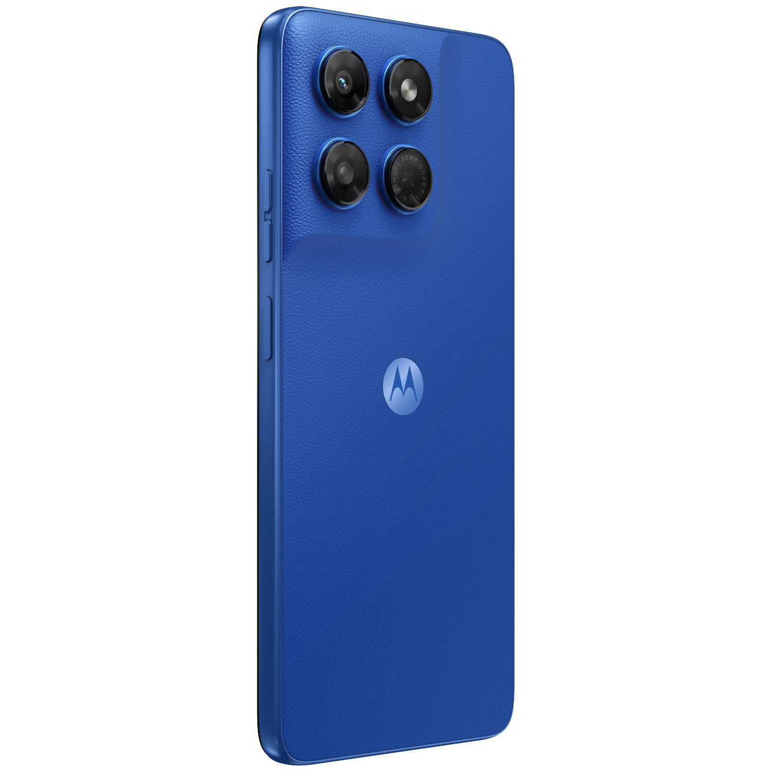 Back of a blue Motorola smartphone with four cameras and the Motorola logo.