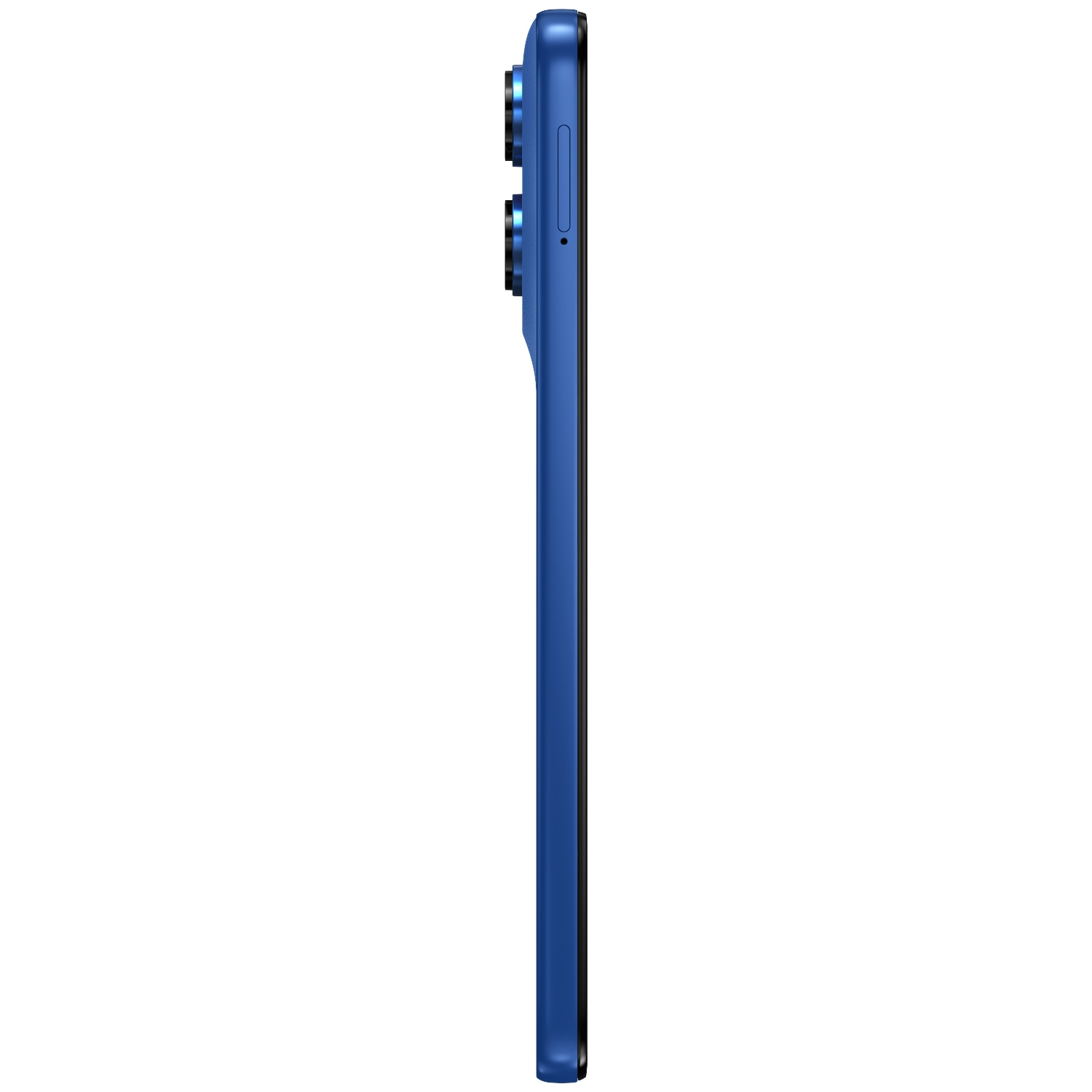 Side view of a blue smartphone featuring vertical cameras on the back.