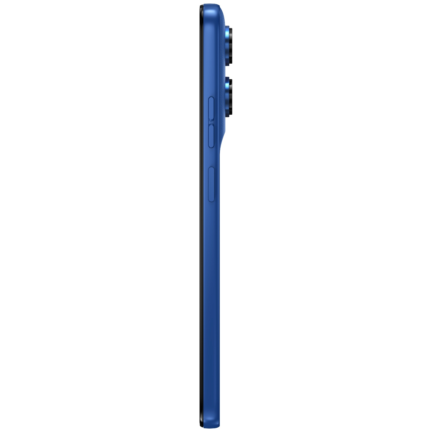 Side view of a blue smartphone showing volume buttons and camera module.