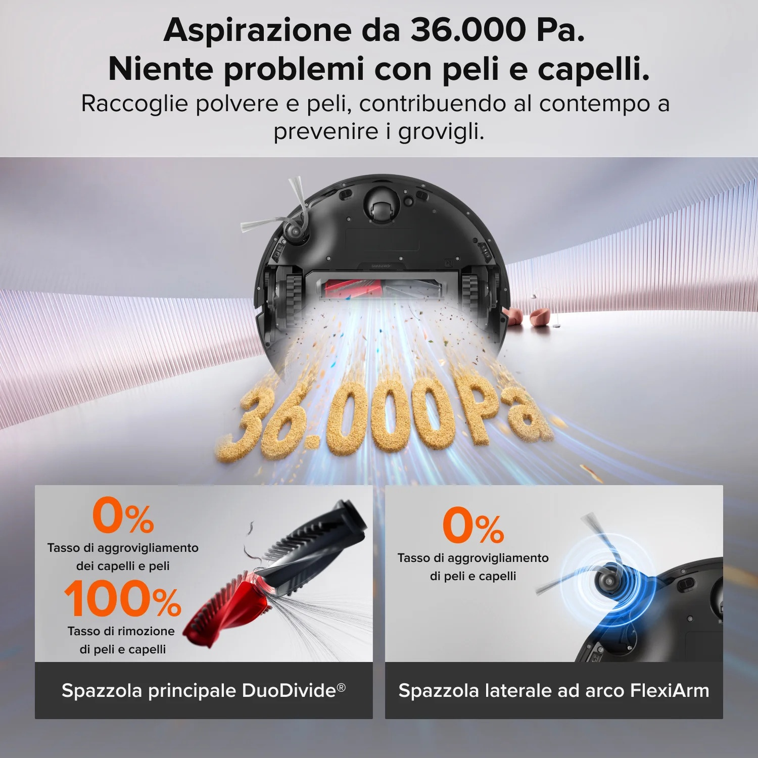 Immagine promozionale di un robot aspirapolvere con 36.000 Pa di aspirazione, spazzola DuoDivide e laterale FlexiArm.