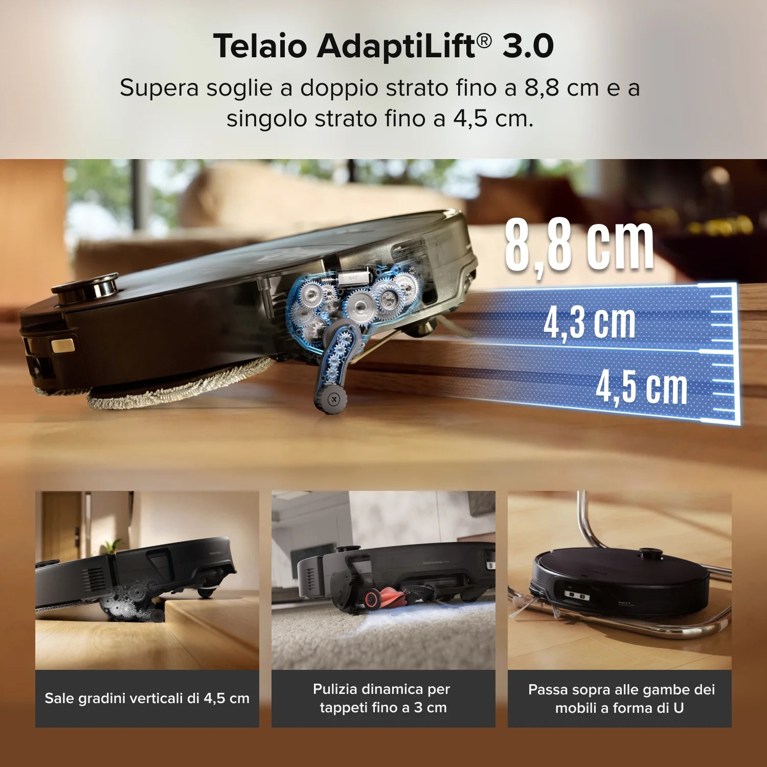 Robot aspirapolvere con meccanismo a ingranaggi supera soglie fino a 8,8 cm, con tre immagini in basso.