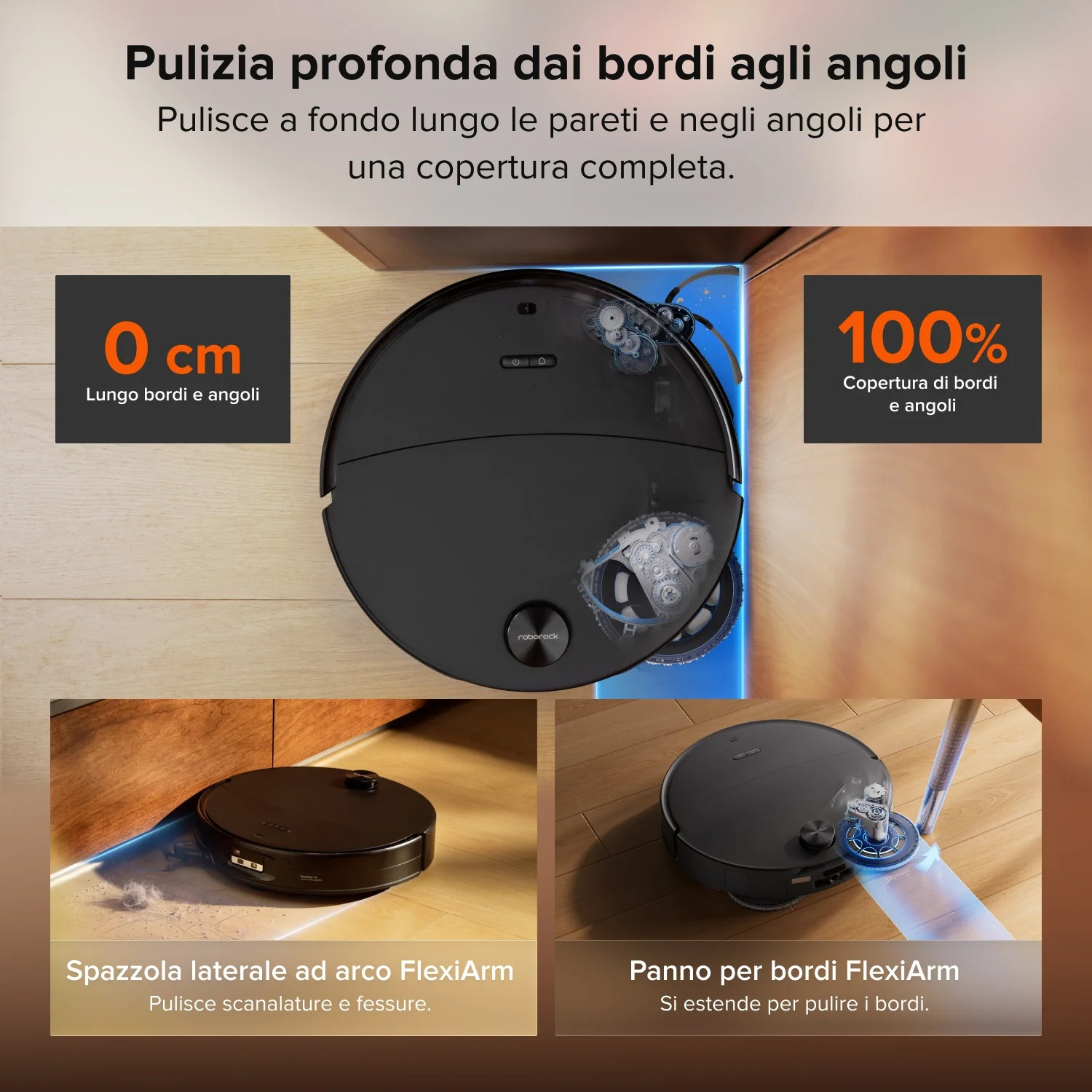 Robot aspirapolvere Roborock pulisce con precisione pareti e angoli con tecnologia FlexiArm.