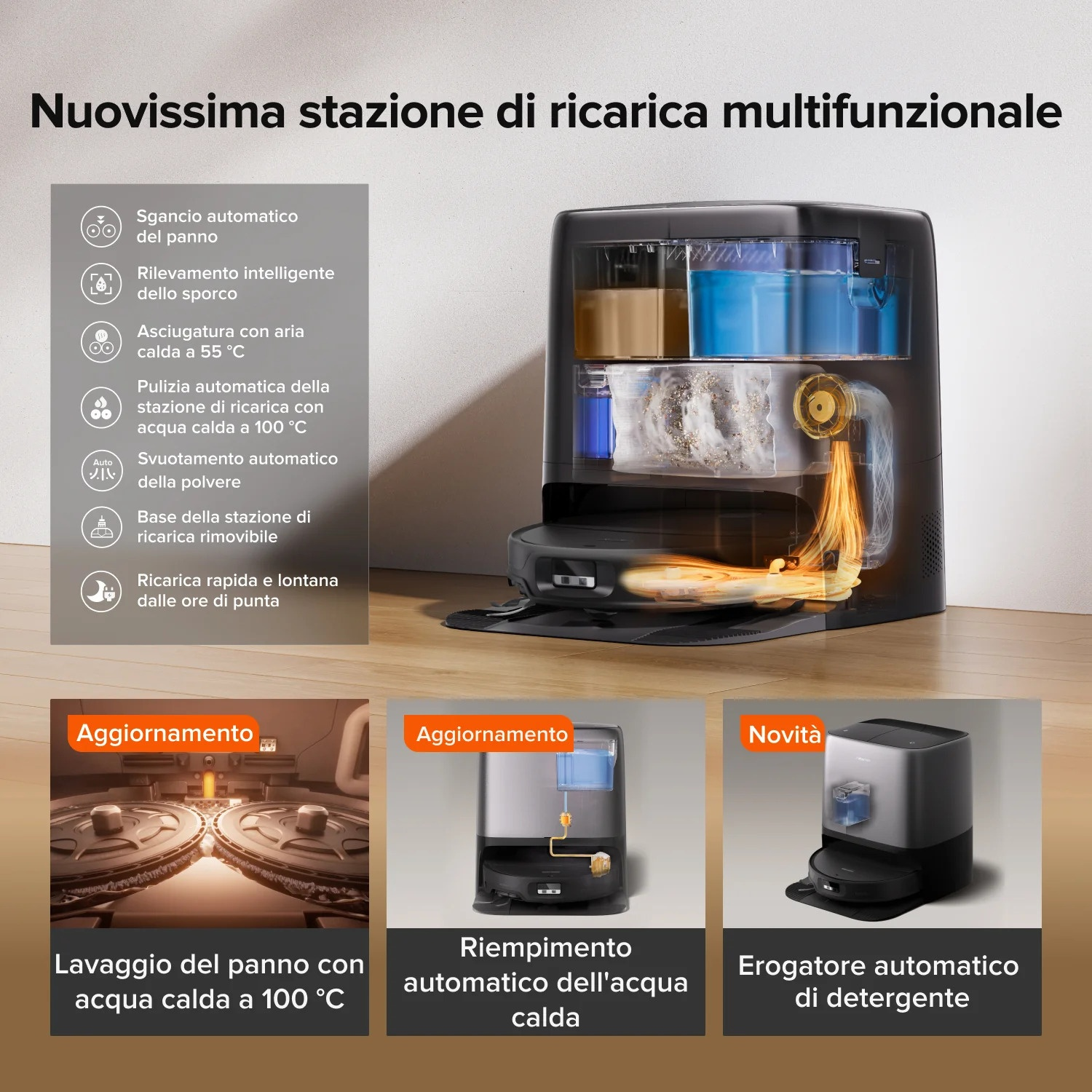 Una stazione di ricarica multifunzionale nera per robot aspirapolvere con serbatoi interni e meccanismi.