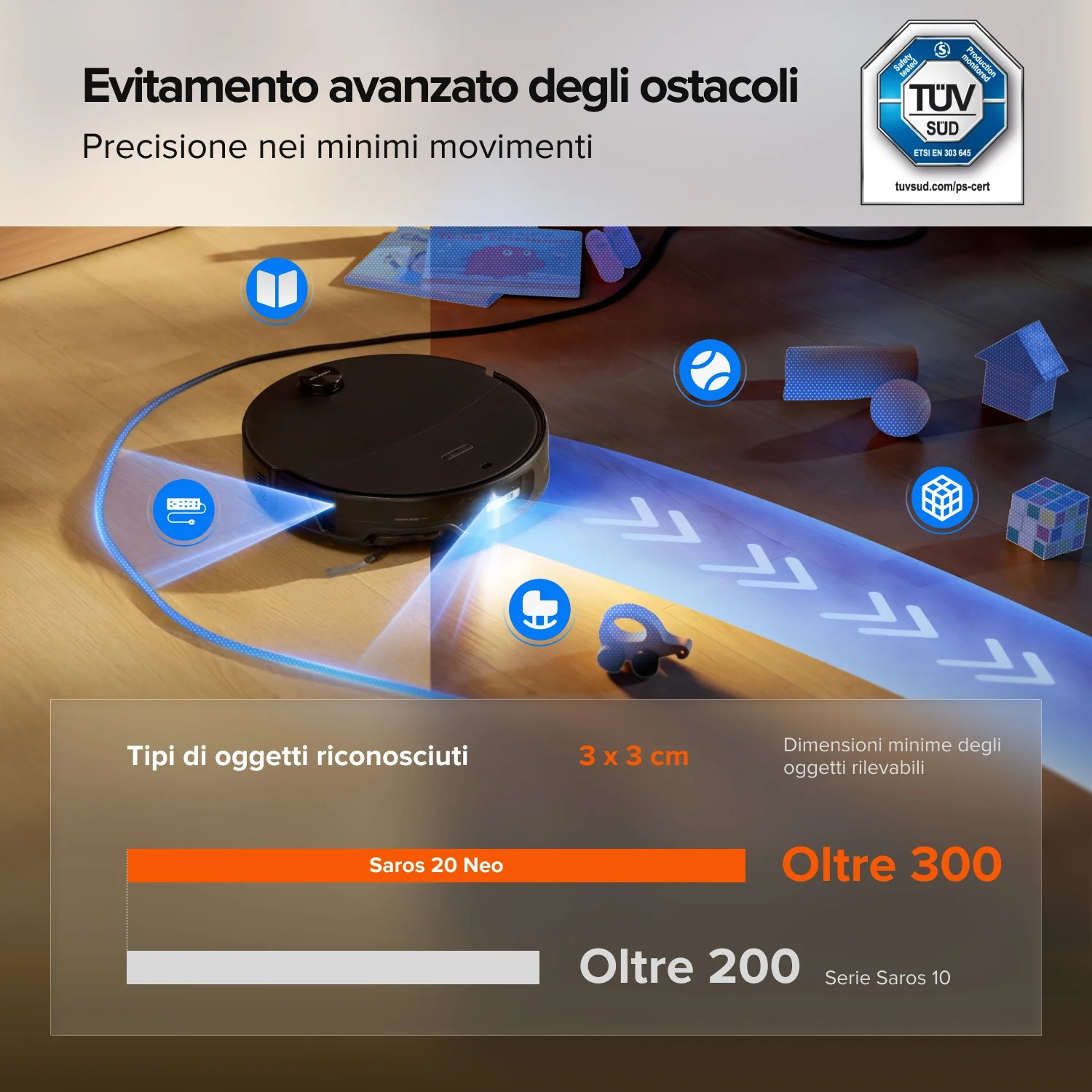 Un robot aspirapolvere nero su pavimento in legno scansiona ostacoli con luce blu.