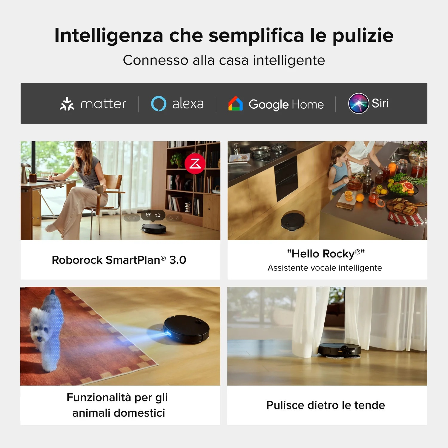 Un robot aspirapolvere intelligente pulisce una stanza ed è compatibile con Matter, Alexa, Google Home e Siri.