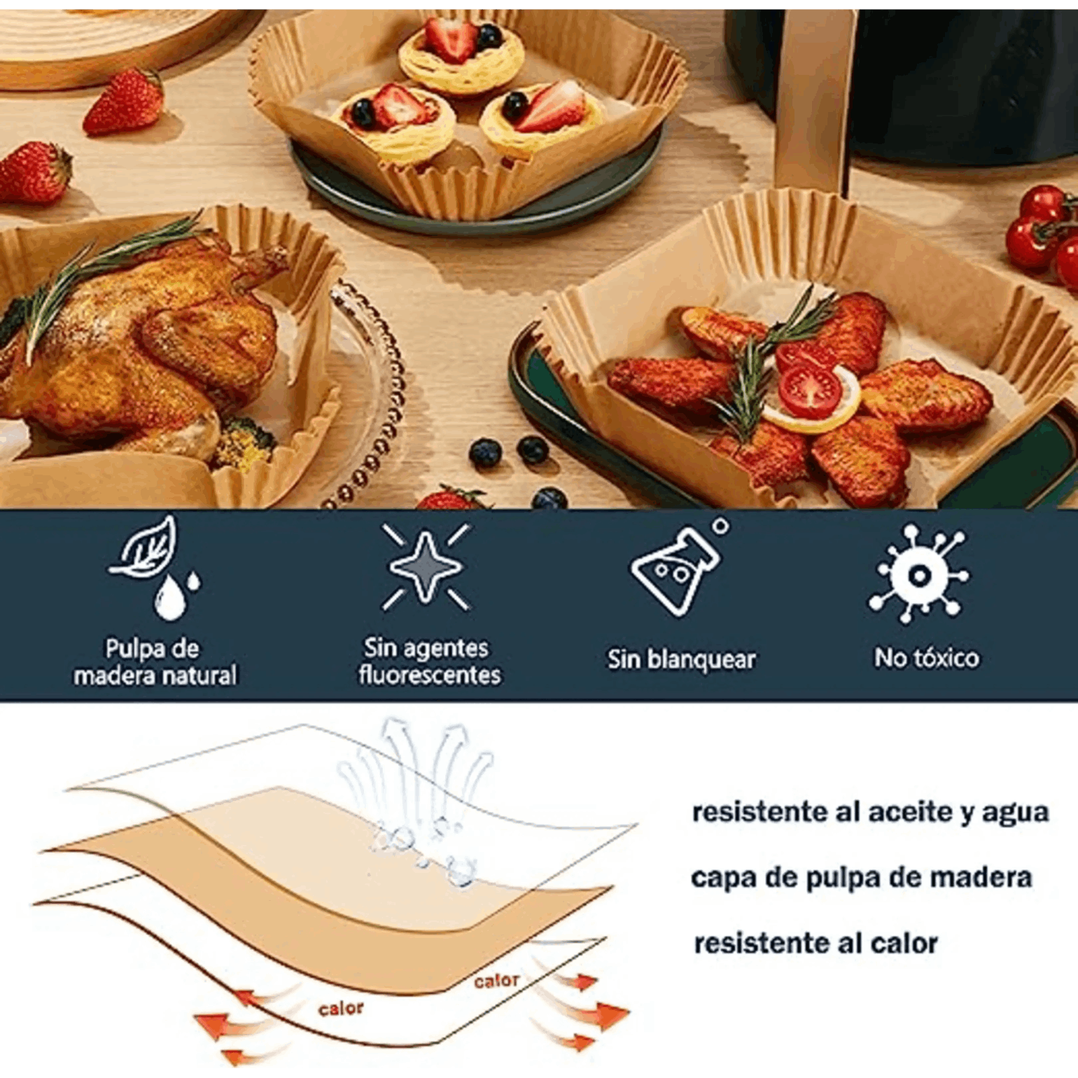 Papeles para freidora de aire con pollo asado, pasteles e iconos de seguridad alimentaria.