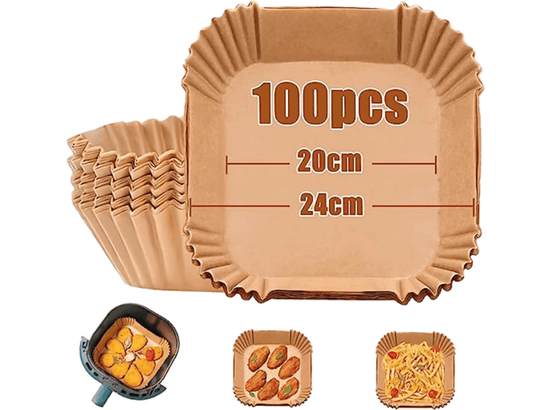 Accesorio freidora - Koenic KSA-0004, Papel Airfryer, Cuadrado, 20 cm, 100 % natural, piezas, Marrón