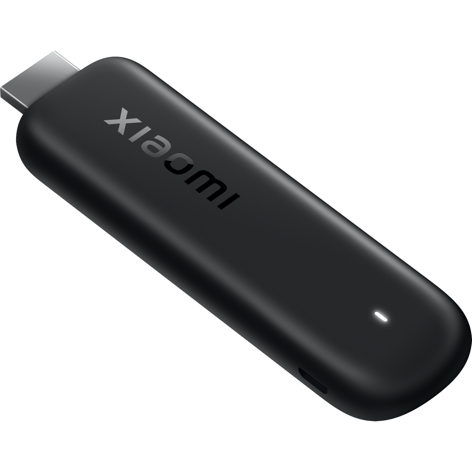 Stick de TV Xiaomi negro con un conector HDMI y una pequeña luz LED sobre fondo oscuro.