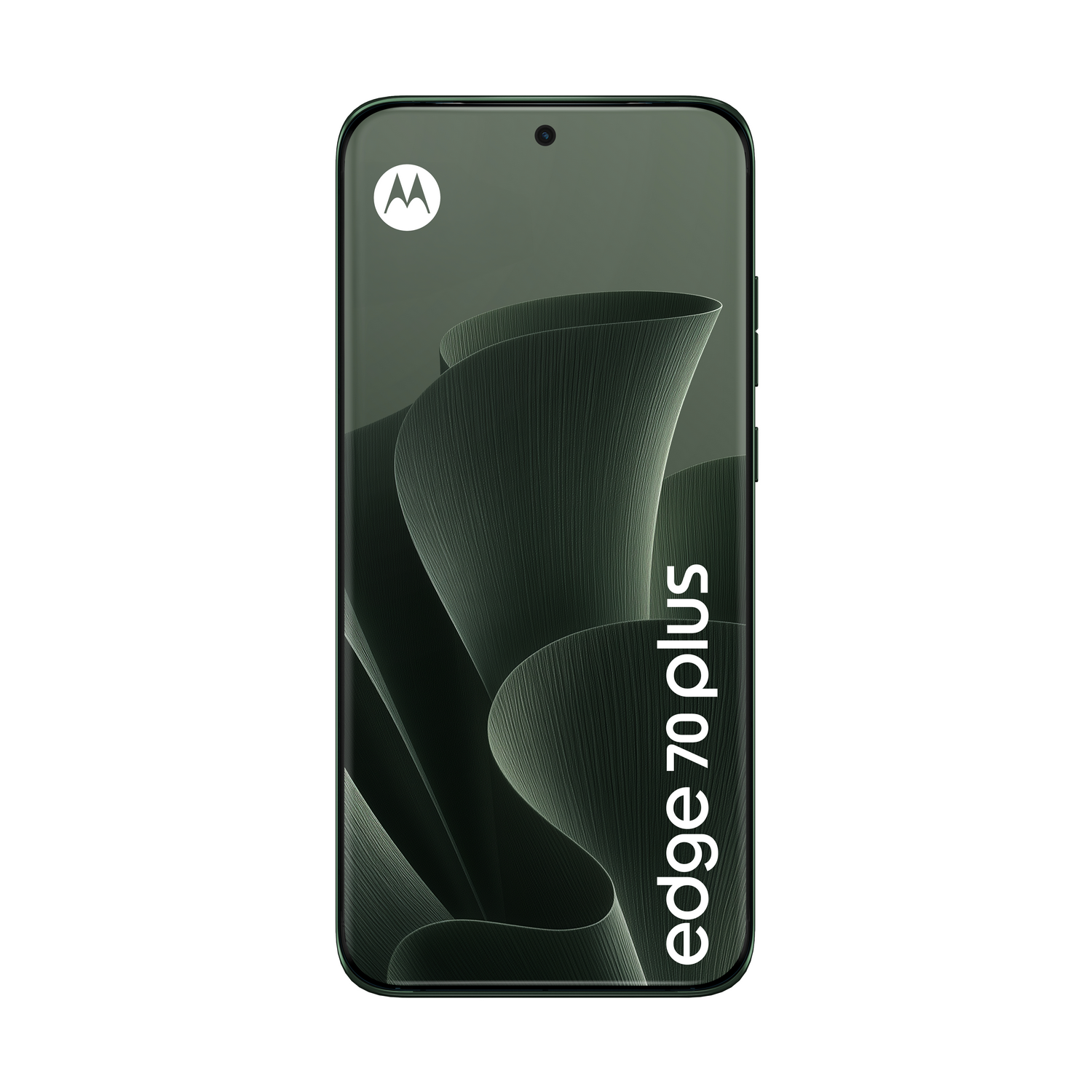 Smartphone verde Motorola Edge 70 plus con fondo abstracto ondulado y logo de Motorola blanco.