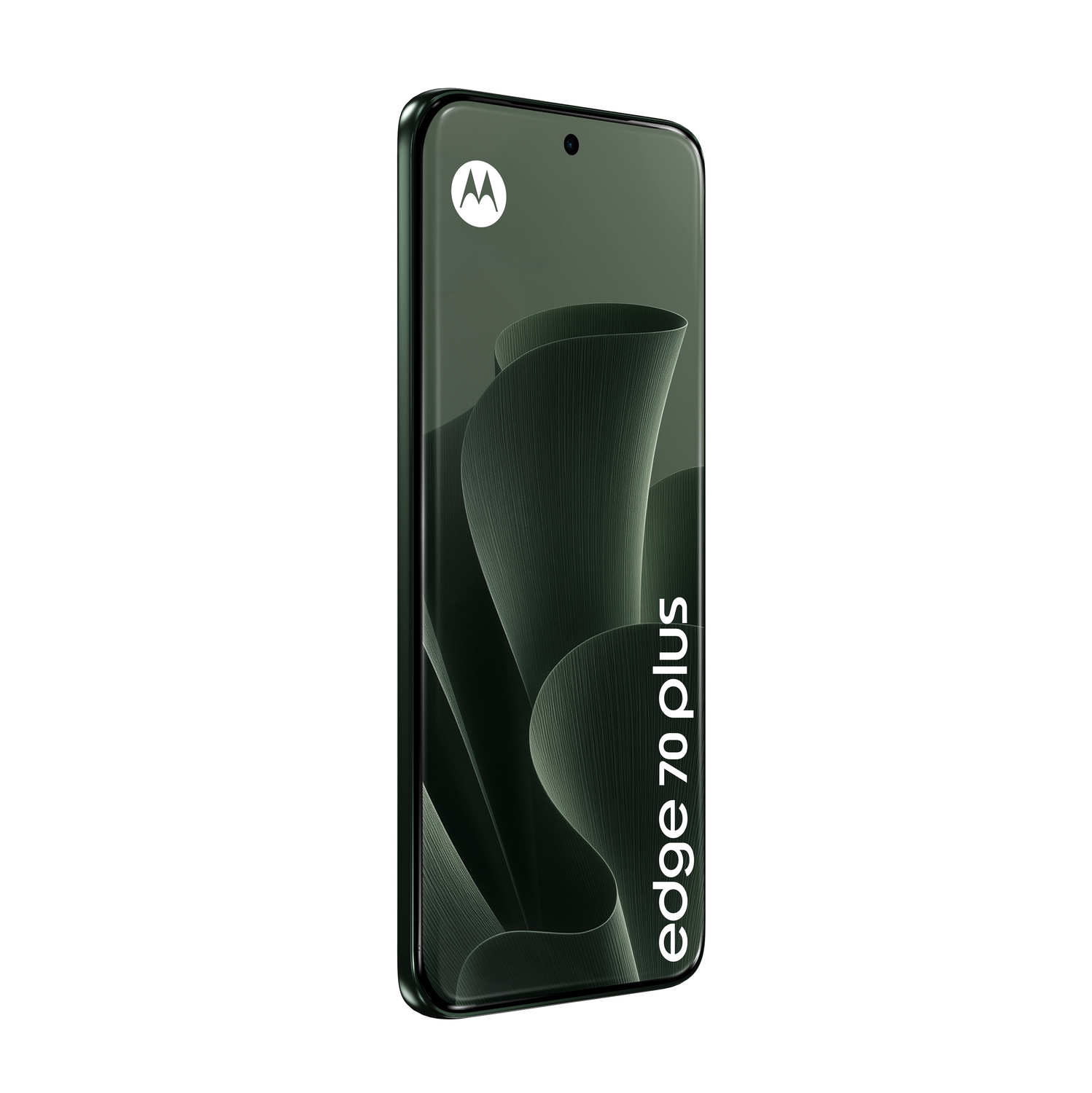 Un smartphone Motorola Edge 70 plus verde oscuro con fondo abstracto curvo y el logotipo de Motorola.