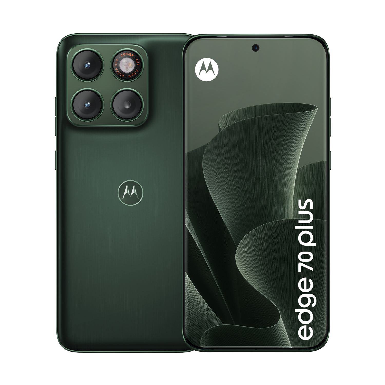 Smartphone verde Motorola Edge 70 Plus, mostrando la parte delantera y trasera.