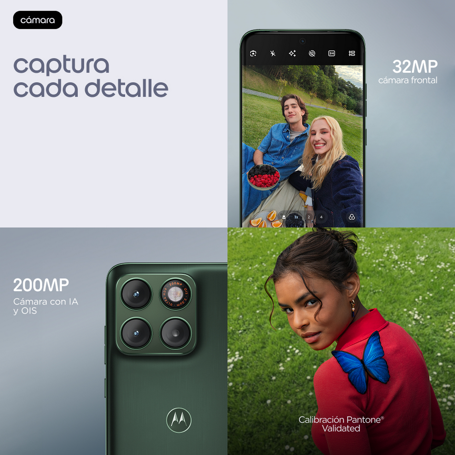 Anuncio de smartphone enfocado en cámaras, mostrando selfi, cámara trasera de 200MP y mujer con mariposa azul.