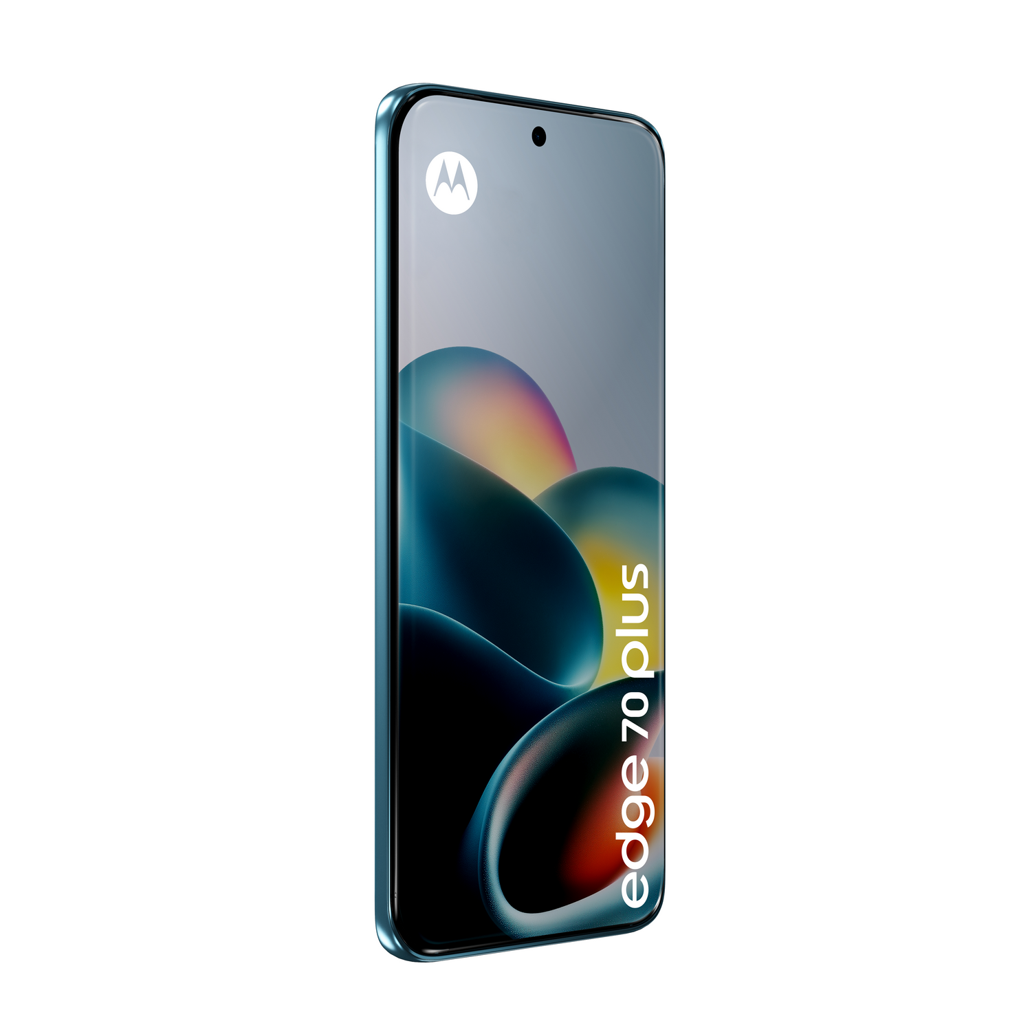 Un smartphone Motorola Edge 70 Plus azul con ondas coloridas en la pantalla.