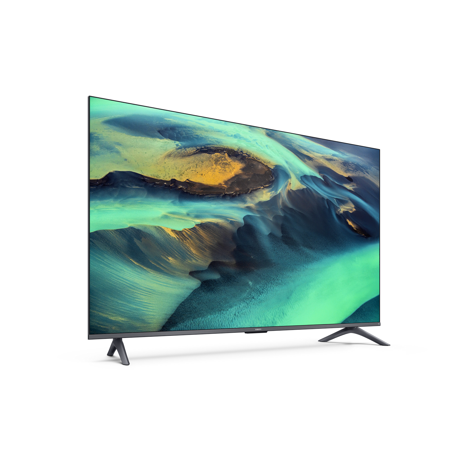Un televisor moderno con marco delgado muestra una imagen abstracta en tonos azules y verdes sobre fondo negro.