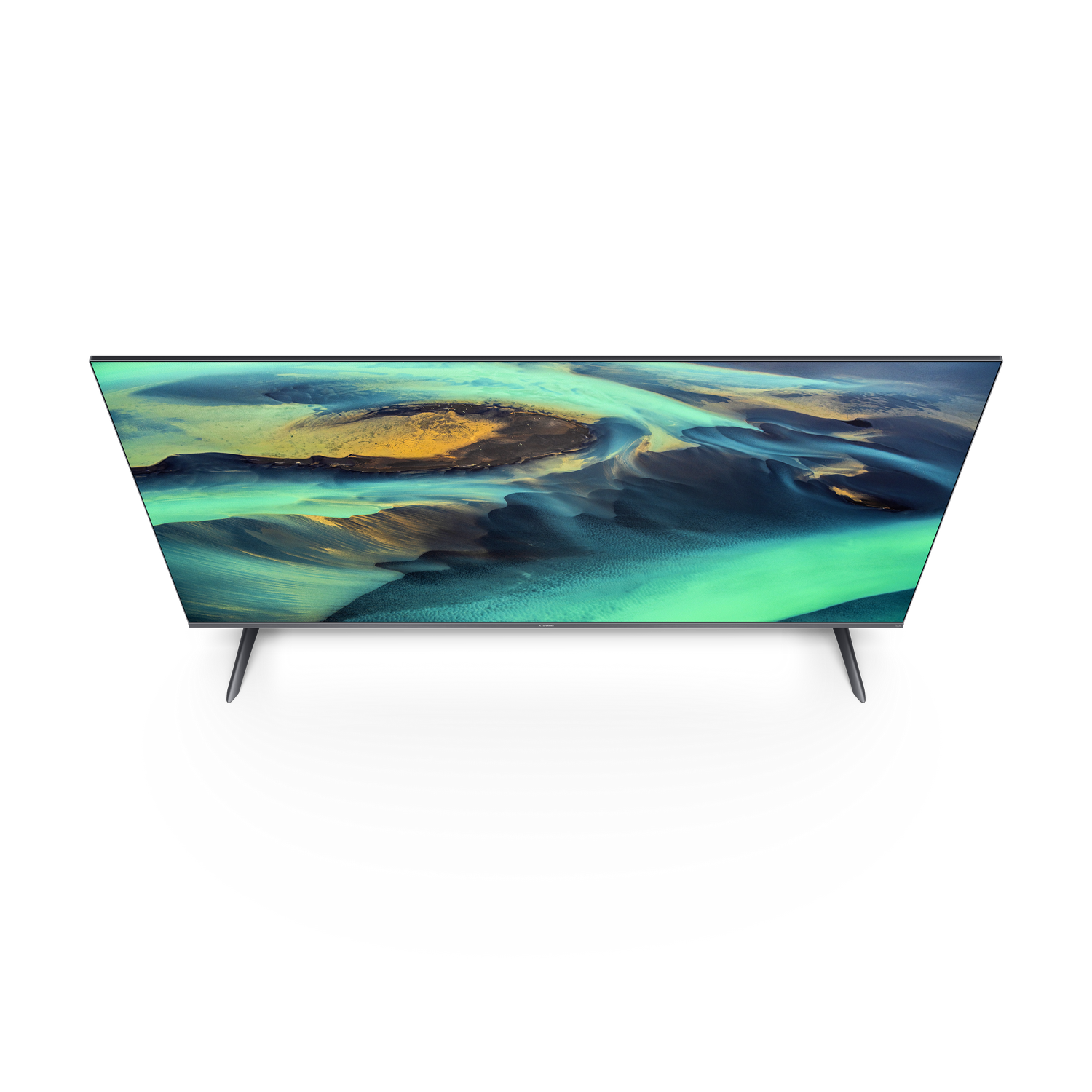 Un televisor de pantalla plana muestra un paisaje abstracto en tonos azules y amarillos sobre un fondo negro.