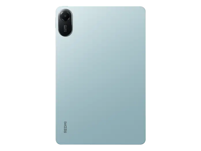 Parte trasera de una tablet Redmi azul claro con una sola cámara arriba a la izquierda y el logotipo.