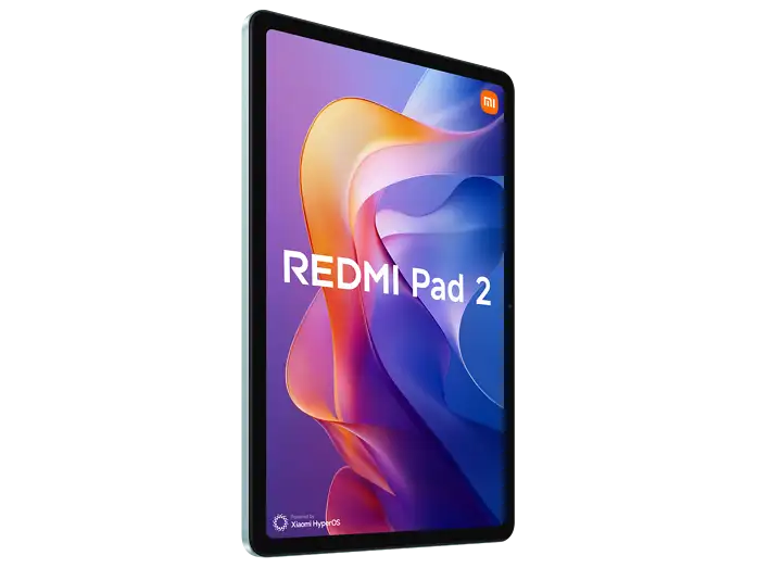 Una tableta Redmi Pad 2 azul claro muestra un fondo de pantalla con patrón de ondas abstractas coloridas.