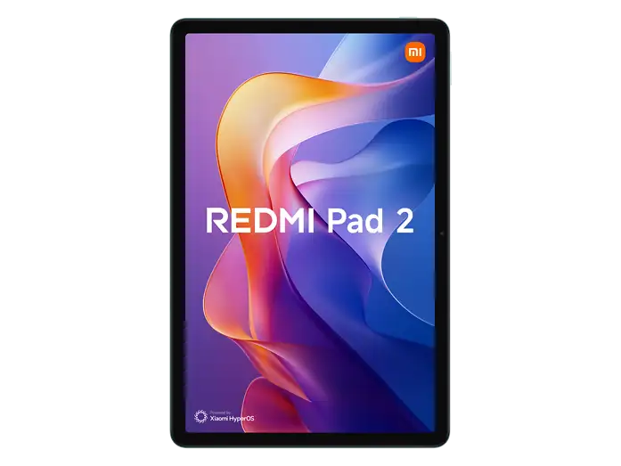 Una tableta Redmi Pad 2 muestra un fondo colorido y abstracto con el logotipo de Xiaomi sobre fondo negro.