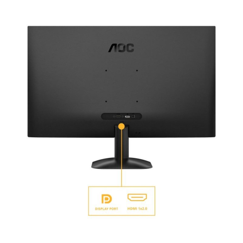 Vista trasera de un monitor AOC negro con puertos DisplayPort y HDMI 1.2.
