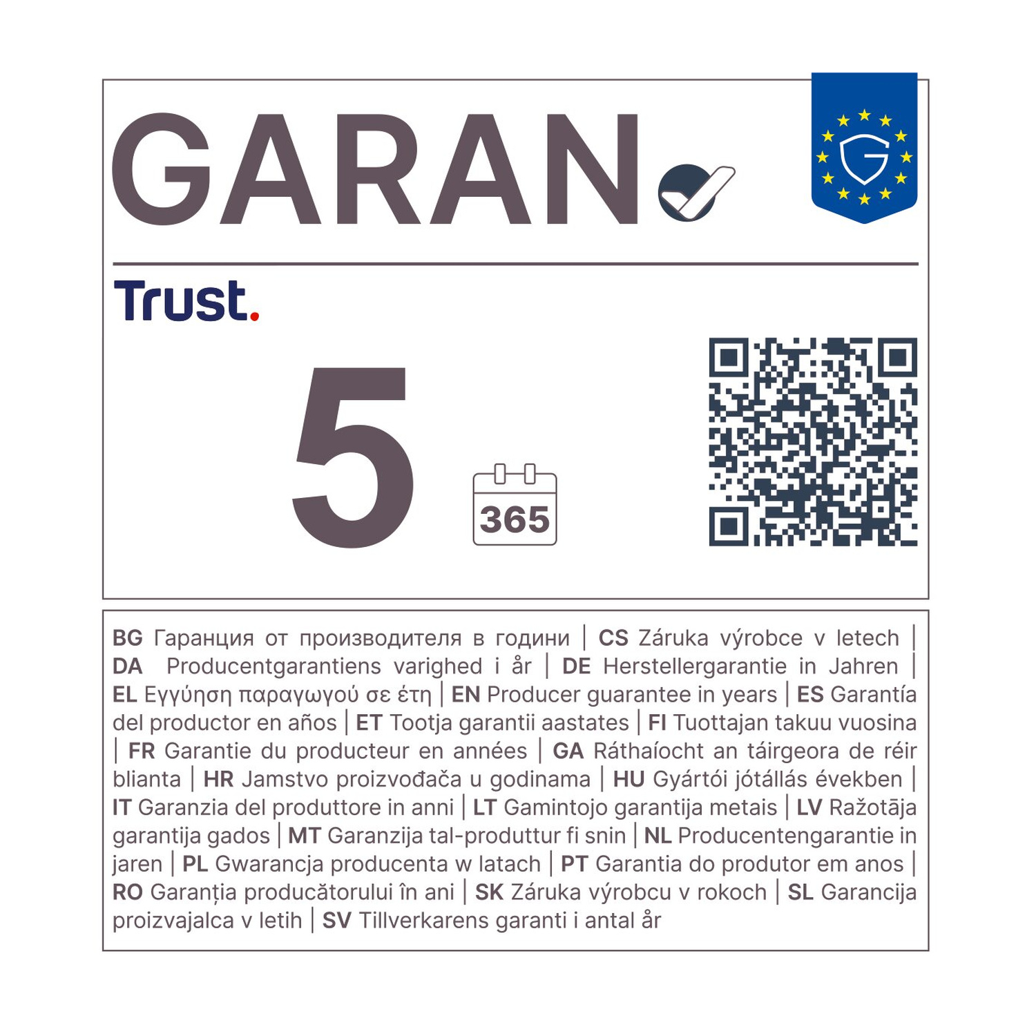 Certificato di garanzia con marchio Trust, numero 5, icona del calendario, codice QR e logo UE.
