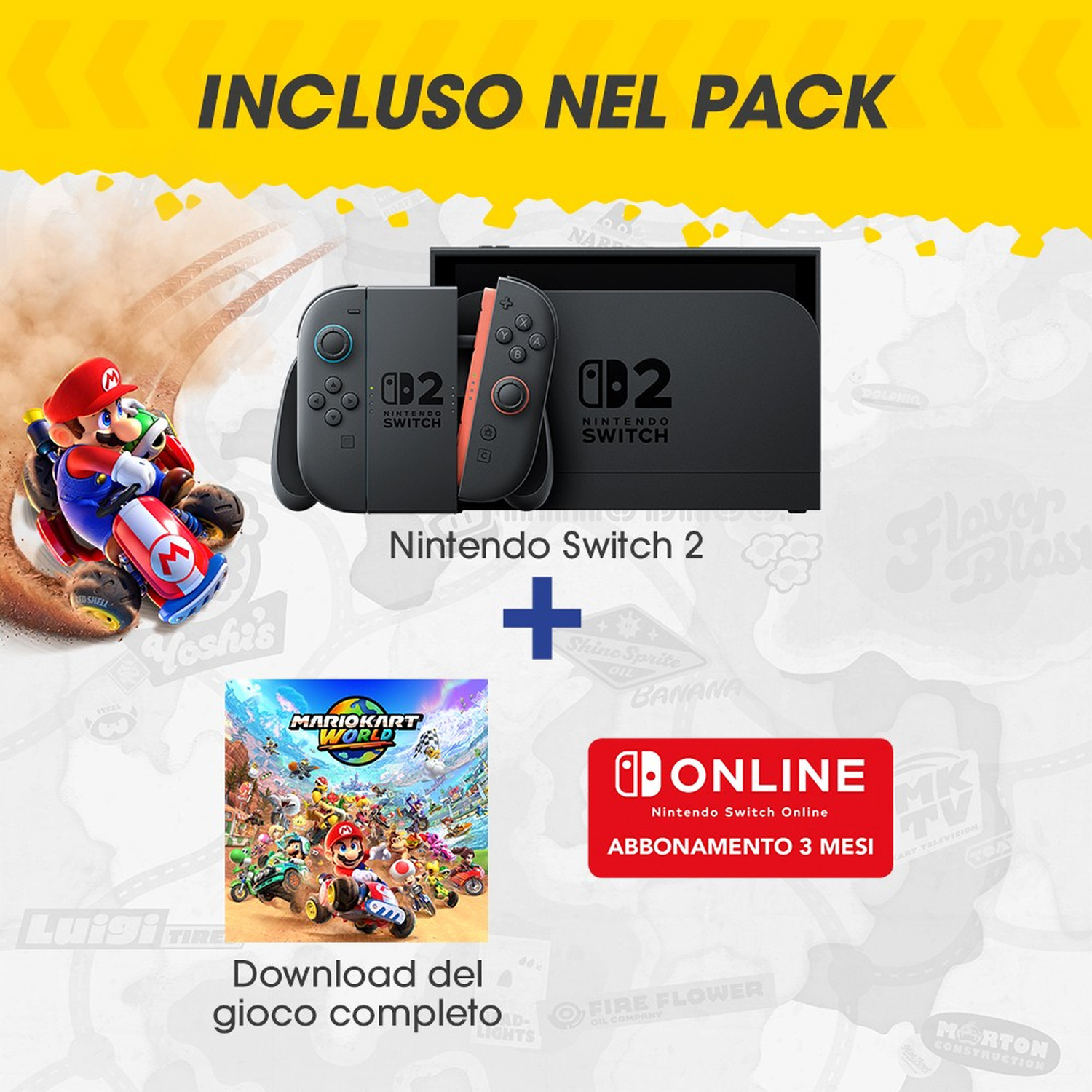 Bundle Nintendo Switch 2 con gioco Mario Kart World e abbonamento online di 3 mesi.