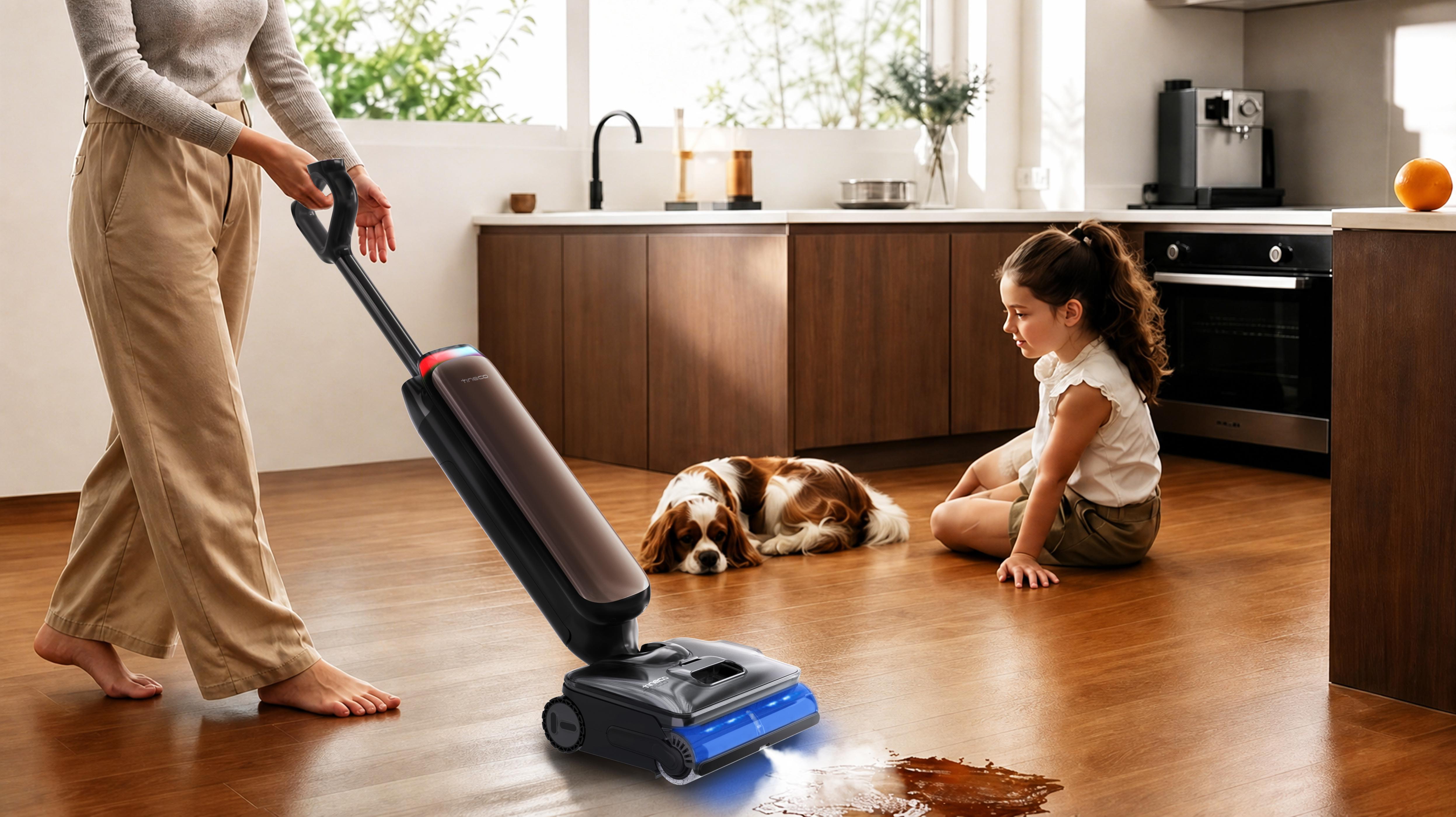 Frau bedient einen kabellosen Staubsauger, während Kind und Hund im modernen Küchenbereich zuschauen.
