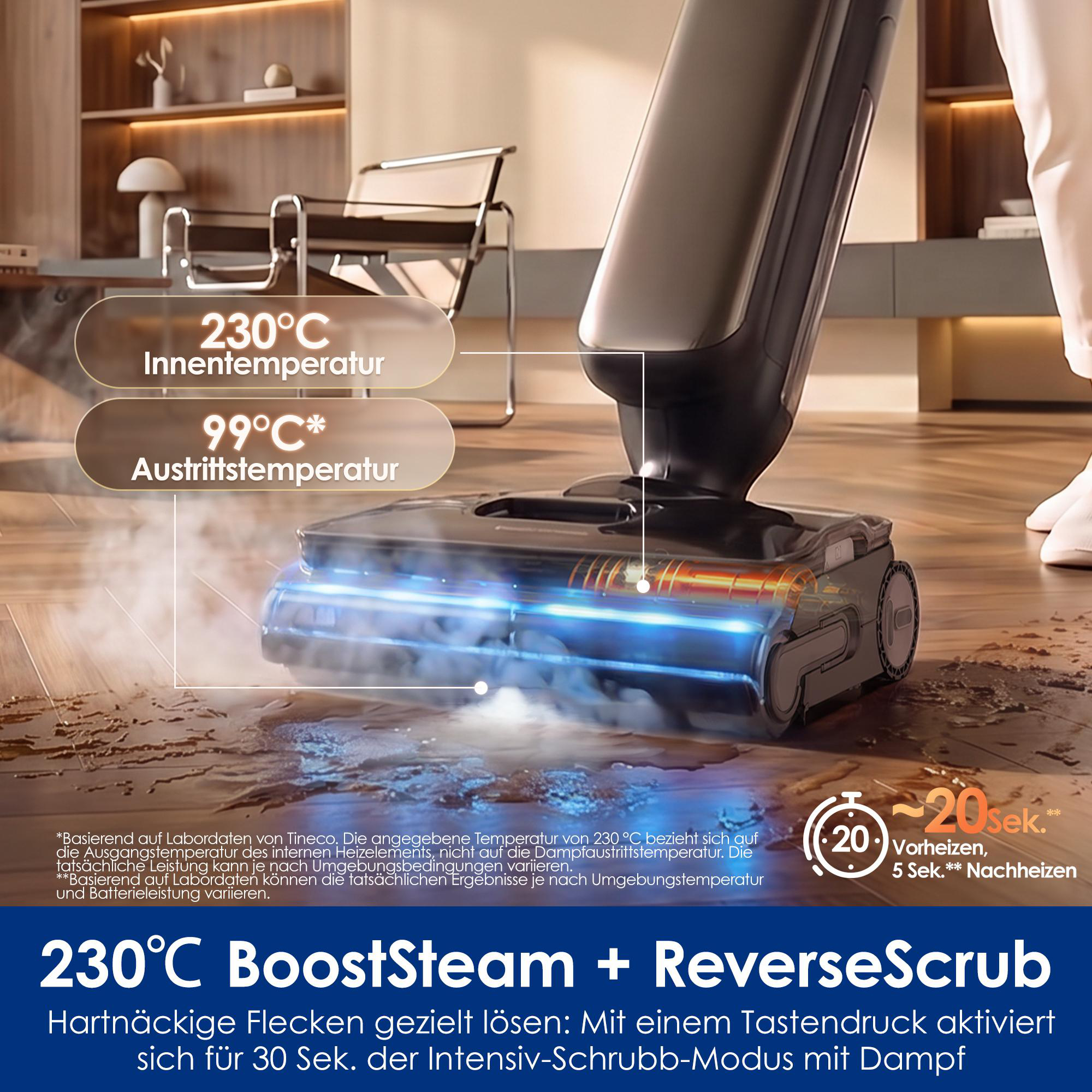 Dampfreiniger auf Holzboden mit Temperaturangaben und Text zum BoostSteam-Modus.