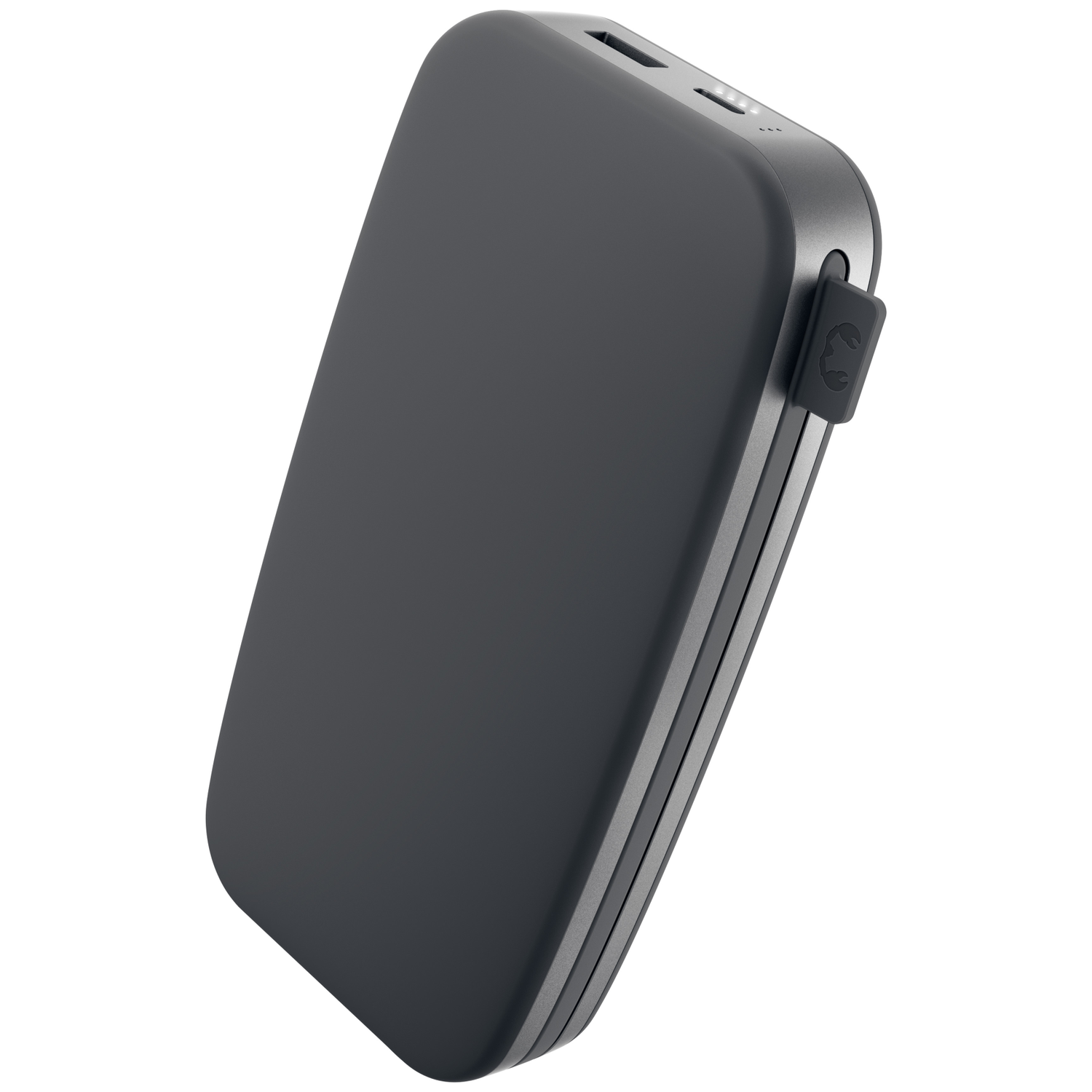 Une batterie externe noire et arrondie avec des ports USB et un indicateur LED.
