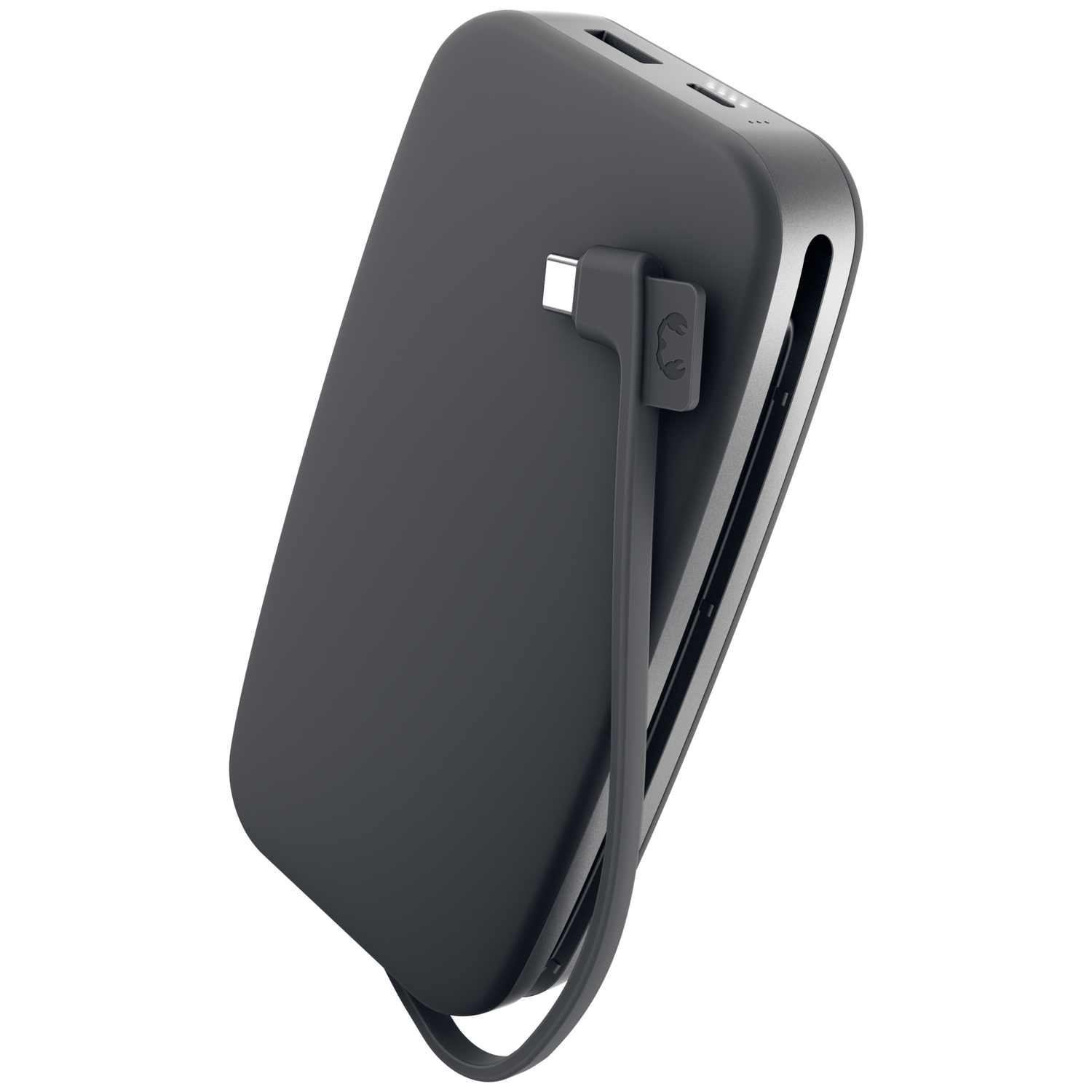 Une batterie externe grise aux coins arrondis et avec un câble USB-C intégré sur fond blanc.