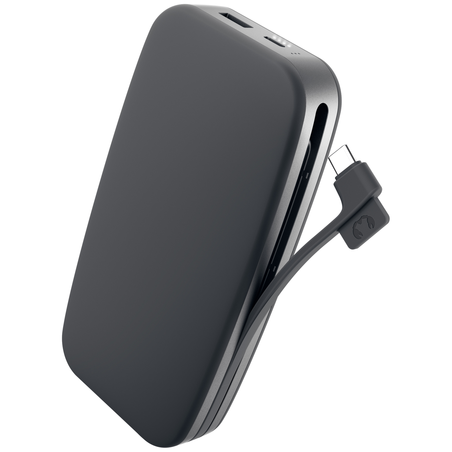 Une batterie externe gris foncé avec câble USB-C intégré sur fond blanc.