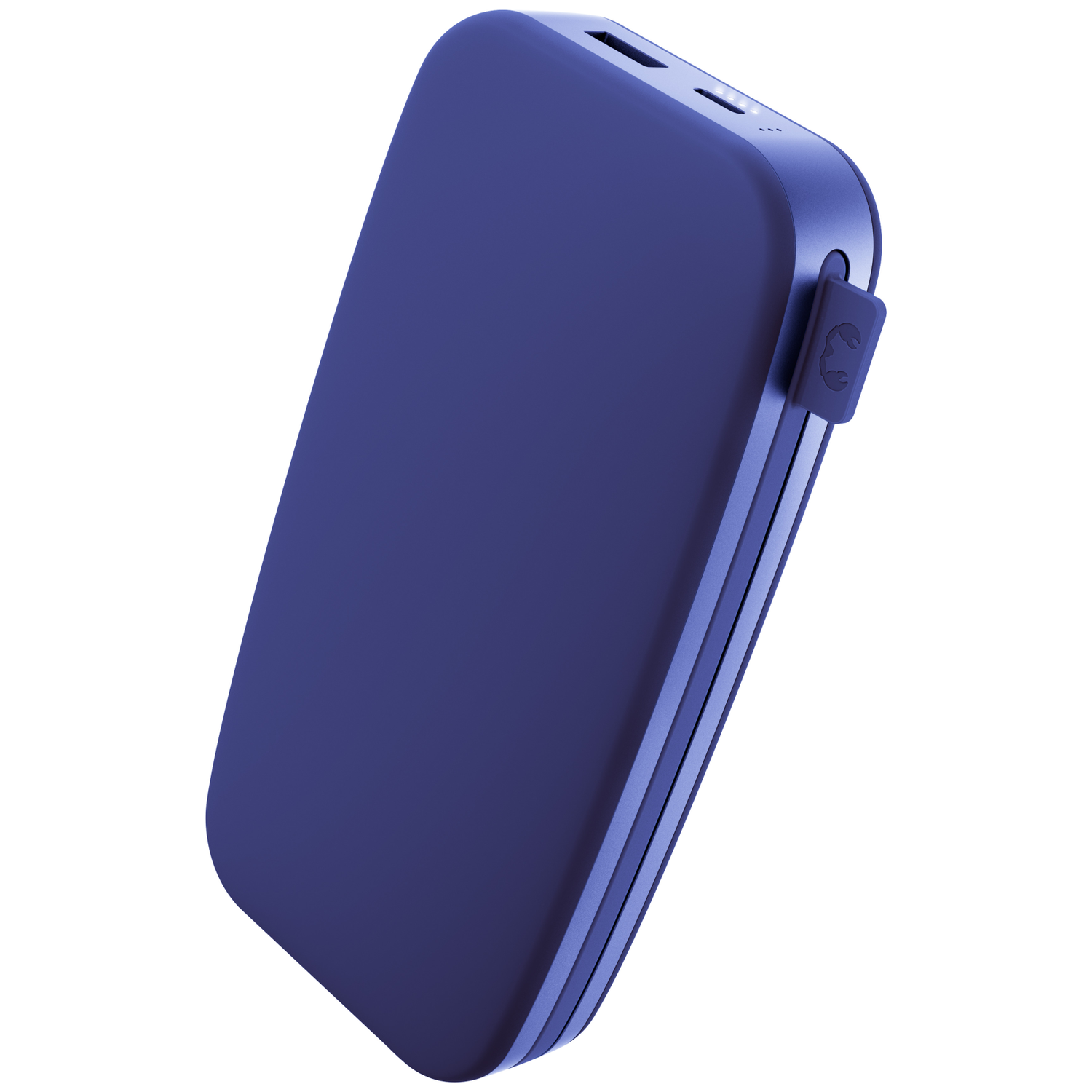Une batterie externe violette avec des coins arrondis et des ports supérieurs.