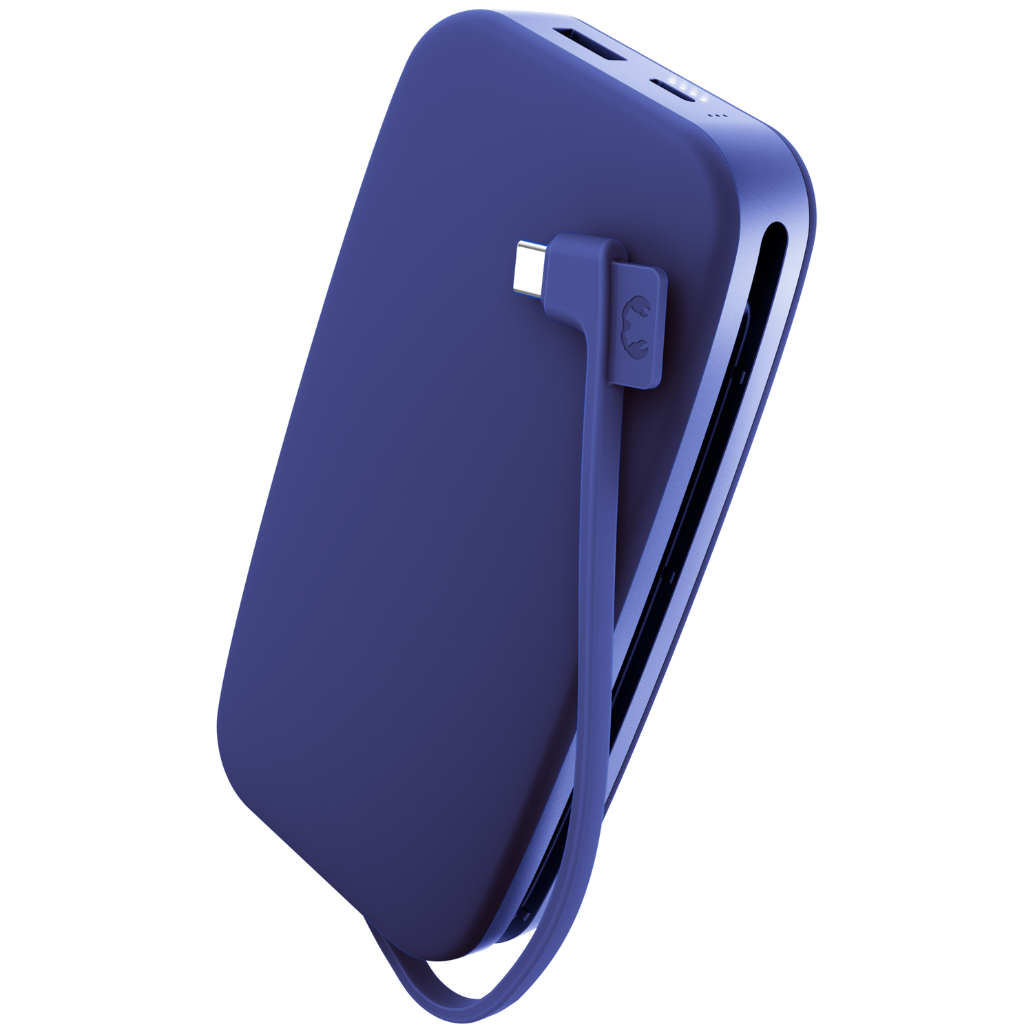 Batterie externe bleue avec câble de charge intégré sur fond blanc.