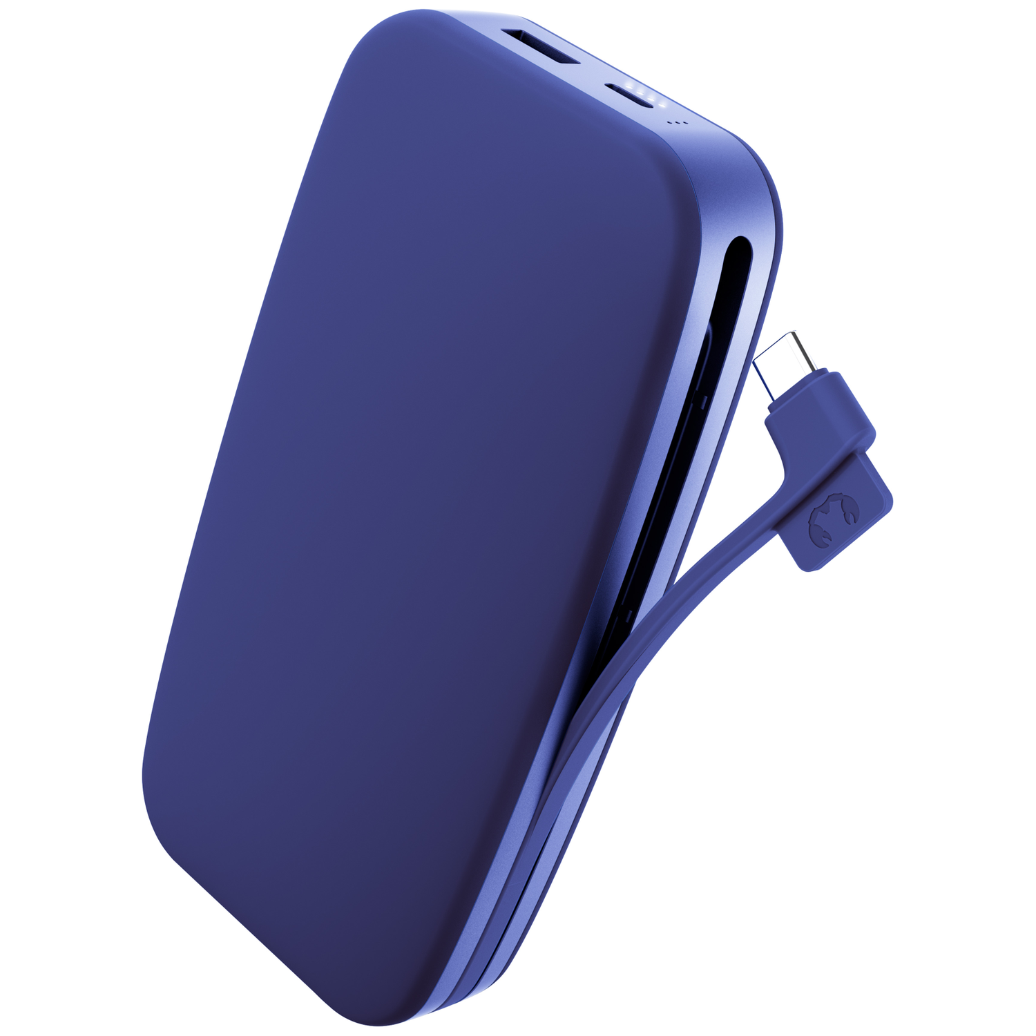 Une batterie externe bleue avec un câble Type-C intégré sur fond blanc.