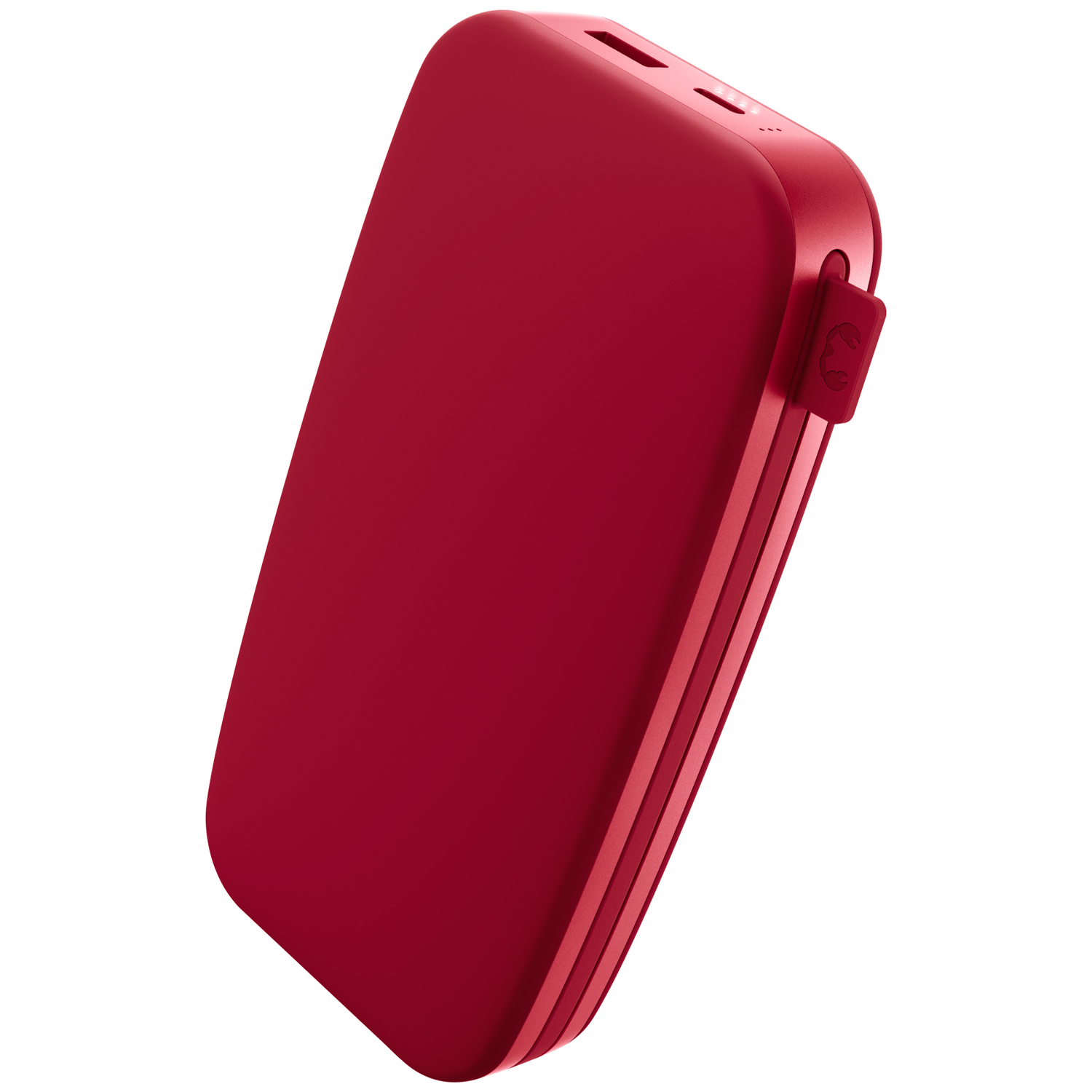 Une batterie externe rouge aux coins arrondis, ports USB sur le dessus et languette latérale sur fond blanc.